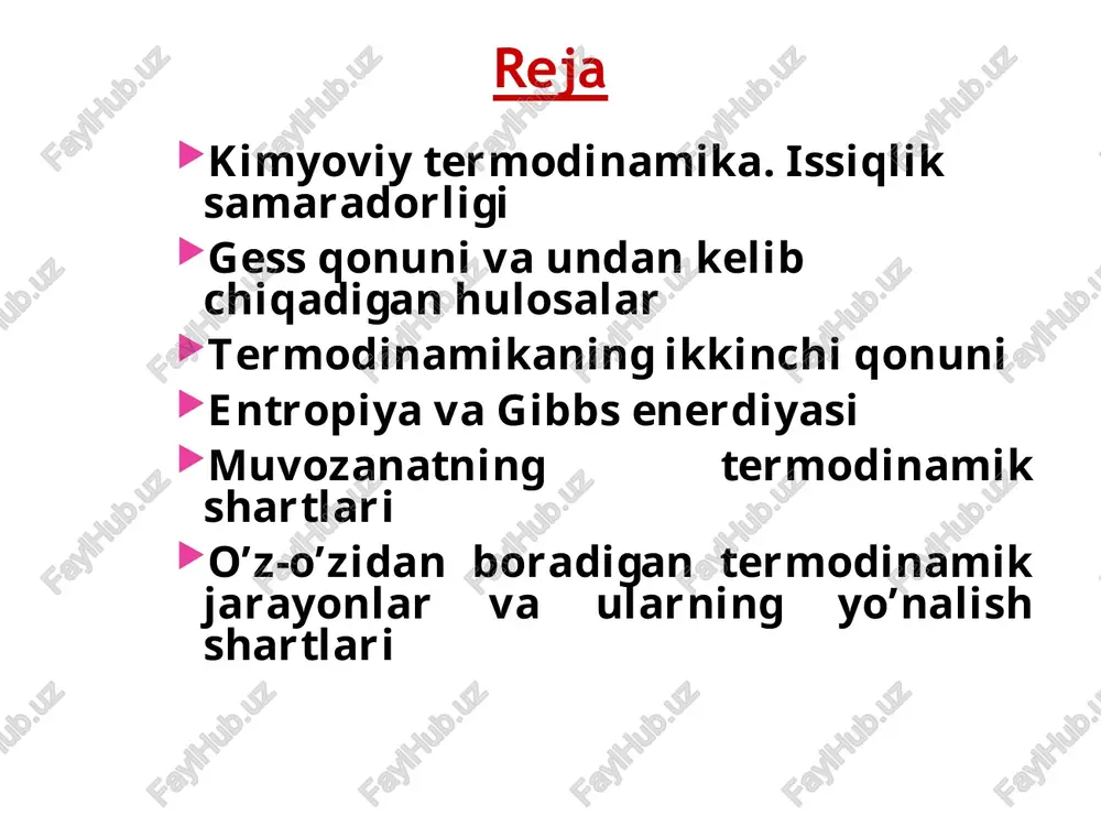 imyoviy termodinamikaning tibbiyotda qo`llanilishi bioenergetika tirik organizmda kechadigan anabolik va katabolik jarayonlarda ro`y beradigan energiya o`zgarishini o`rganadi. kinetik energiya kinetik energiya harakat energiyasidir. har qanday harakatlanuvchi jism kinetik energiyaga ega bo`ladi. potensial energiya potensial energiya jismning holati yoki moddaning kimyoviy tarkibiga bog`liq energiya. 1 g yog‘, 1 g uglevod va 1 g oqsil parchalanganda hosil bo‘ladigan energiya miqdori qanday? 9,3 kkal, 4,1 kkal va 4,1 kkal tegishlicha. diyetolog kasbi dietologning vazifasi salomatlikni yaxshilash, vaznni nazorat qilish, turli kasalliklarning oldini olish va davolash, shuningdek, fitness maqsadlariga erishish uchun individual ovqatlanish rejalarini ishlab chiqishdir. savollar kimyoviy reaksiyaning issiqlik effekti deb nimaga aytiladi? j: kimyoviy jarayon vaqtida ajralib chiqadigan yoki yutiladigan issiqlik kimyoviy reaksiyaning issiqlik effekti deb aytiladi. ekzotermik reaksiya deb nimaga aytiladi? j: kimyoviy reaksiya vaqtida issiqlik yutilsa bunday reaksiyalar ekzotermik reaksiyalar deyiladi. endotermik reaksiya deb nimaga aytiladi? j: kimyoviy reaksiya vaqtida issiqlik ajralib chiqsa bunday reaksiyalar ekzotermik reaksiyalar deyiladi. termokimyoviy reaksiya …