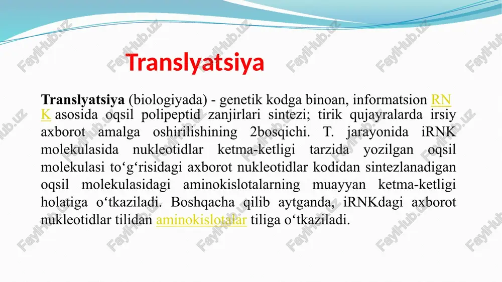 7,3 % n – 16 % s – 0,5 % aminokislotalar quyi molekulali organik birikmalar bo‘lib, karbon kislotalarning hosilalaridir. oqsillar 20 xil aminokislotalardan tuzilgan bo’lib ular 2 xil bo’ladi. shuningdek aminokislotalar: almashinadigan (10 ta) almashinmaydigan (9 ta) guruxlarga bo’linadi: almashinmaydigan – boshqa moddalardan hosil qilib bo’lmaydigan aminokislotalar. ular faqat istemol qilinadi. treonin, triptofan, izoleytsin, leytsin, lizin, metionin, gistidin, valin, fenilalanin. aminokislotalarning tarkibi peptid bog’ – ikkita aminokislotani tutib turuvchi bog’. birinchi aminokislotaning cooh guruxidagi oh bilan, ikkinchi aminokislotaning nh2 guruxidagi h ning birikishi va suv molekulasining ajralishi hisobiga hosil bo’ladi. oqsillarning xossalari denaturatsiya: - oqsillarning tabiiy holatini turli tuzlar eritmasi ta’sirida o‘zgarishi. (ivib qolishi). renaturatsiya: - oqsillarning o’z holatiga qaytishi - bu tuxum oqsilida kuzatilmaydi oqsil biosintezini boshqarilishi hujayrada oqsil biosintezi ikki xil usulda boshqariladi: 1) oqsil biosintezida qatnashadigan fermentlarning hosil bo‘lishiga yo‘l qo‘ymaslik (repressiya); 2) oqsil biosintezida qatnashadigan fermentlarning faolligini pasaytirish (ingibirlash). repressiya usuli. 1. boshqaruvchi (regulator) gen ishtirokida …