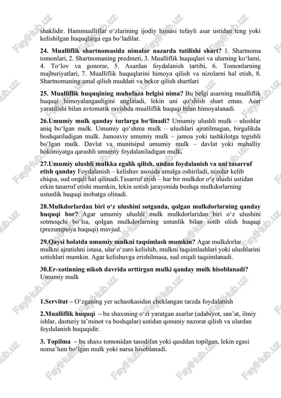 shyoni olishga haqli bo‘lgan shaxs topilma to‘g‘risida ichki ishlar organiga yoki tegishli davlat organiga xabar qilingan paytdan e’tiboran olti oy mobaynida aniqlanmasa hamda ashyoni topgan shaxsga yoxud ichki ishlar organiga, tegishli davlat organiga yoki fuqarolarning o‘zini o‘zi boshqarish organiga ushbu ashyoga bo‘lgan o‘z huquqi to‘g‘risida arz qilmasa, ashyoni topib olgan shaxs unga egalik huquqini oladi 14. fuqarolik kodeksiga ko‘ra, qanday holatda shaxs egalik qilayotgan yer uchastkasiga egalik huquqini yo‘qotishi mumkin? davlat ehtiyojlari uchun olib qo‘yilsa, noqonuniy foydalanish yoki uzoq muddat foydalanilmasa, soliq va boshqa to‘lovlar to‘lanmasa, ekologik talablarga rioya qilinmasa, sud qarori bilan yer olib qo‘yilsa, shaxs o‘z ixtiyori bilan voz kechsa 15. mulkni tasodifan nobud bo‘lishi yoki buzilishi natijasida mulkdorning javobgarligi qanday belgilanadi? mol-mulkning tasodifan nobud bo‘lish yoki buzilish xavfi, agar qonunchilikda yoki shartnomada boshqacha tartib nazarda tutilgan bo‘lmasa, mulk egasining zimmasidadir. 16. servitutning asosiy mohiyati nimadan iborat? servitutning mohiyati – bu mulk egasining huquqlarini to‘liq bekor qilmagan holda, …