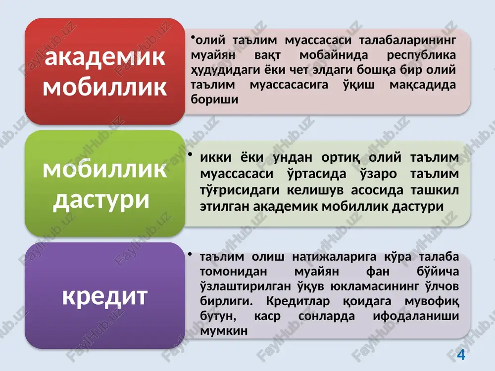 izimini boshqarishga mas'ul boshqarma yoki bo'limi, guruh murabbiyi tomonidan maslahat va tushuntirishlar berib boriladi. maslahat doirasida talabalarga ta'lim olish natijasida erishgan yutuqlar va tajribani tan olish imkoniyatlari tushuntiriladi. oliy ta'lim muassasasi ta'lim dasturi katalogi va o'qitish sharoitlari to'g'risidagi batafsil ma'lumotlar hamda dolzarb axborotni oliy ta'lim muassasasi veb-sahifasiga qulay yuklanadigan formatda o'quv yili boshlanishidan kamida bir oy oldin joylashtirishi va e'lon qilib borishi shart. ta'lim dasturi va uning elementlarini amalga oshirishga mas'ul o'qituvchilar ta'lim dasturida ko'rsatilgan o'qitish natijalari bilan dars berish va baholash jarayoni o'rtasidagi muvofiqlikni ta'minlashlari lozim. o'qitish natijalari, dars berish va baholash jarayoni o'rtasidagi ushbu konstruktiv bog'liqlik ta'lim dasturlariga qo'yiladigan muhim talab hisoblanadi. ta'lim elementlarining amalga oshirilishiga mas'ul professor-o'qituvchilar ta'lim dasturida ko'rsatilgan natijalar bilan ta'lim berish hamda baholash jarayonlari o'rtasidagi mutanosiblikni ta'minlashi lozim. 11 o'quv jarayonini rejalashtirish quyidagi bosqichlardan iborat bo'ladi: 1. namunaviy o'quv rejasi va fanlar katalogini ilg'or xorijiy ta'lim tajribasi asosida respublika iqtisodiyoti tarmoqlarida amalga oshirilayotgan islohotlar, …