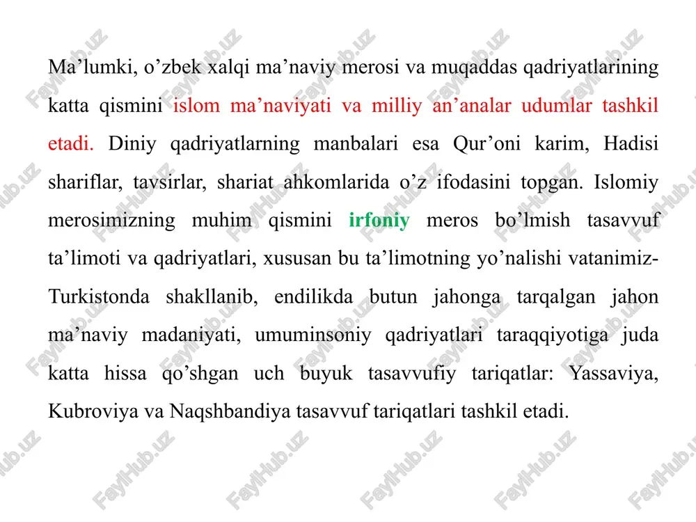 ib, hurfikrlilik mavqeida mustahkam turgan o‘sha davrning baobro‘ kishisi edi. abu nasr al- forobiyning damashqdan bu yerlarga kelishining ahamiyati beqiyos edi. u «ta’lim as-soniy» («ikkinchi ta’lim») asarida qadimgi yunon falsafasining eng muxtasar sharhini berib, hurfikrlilik rivojiga bebaho hissa qo‘shdi. abu rayhon beruniy, abu ali ibn sino va boshqalar somoniylar, xorazmshohlar, g‘aznaviylar o‘rtasida «talash» bo‘lgani bejiz emas edi. xuddi shu davrda movarounnahrga tasavvuf tariqati kirib kelgan, bunda yusuf hamadoniyning (vafoti 1140 y.) xizmati katta bo‘lgan. uning movarounnahrda tasavvuf ta’limotini keng yoyish, targ‘ibot yurgazishga asos solingan maktabidan keyinchalik to‘rt mashhur tasavvuf olimlari: abdullo barqiy, xoja hasan andoqiy, xoja ahmad yassaviy, abduholiq gijdivoniylar etishib chiqdilar. islom dunyosida tasavvuf ta’limotining shakllanishi va rivojlanishida muhaddis va diniy ulamolarining ta’siri katta bo‘lgan. vatandoshimiz imom buxoriy, al-hakim at-termiziy, al-zamahshariy, marg‘inoniylarning asarlari ham nazariy ham amaliy jihatidan asos bo‘lib xizmat qilgan. markaziy osiyoda etishib chiqqan ahmad yassaviy (1041-1167), najmiddin kubro (1145-1221), bahouddin naqshband (1318-1389)larning ijodiy faoliyatlari tasavvufining jahonshumul …
