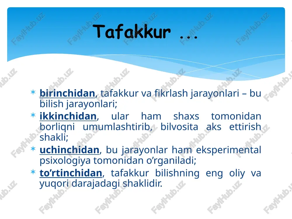 issiyotlardan ustun bo’ladi va miyasining chap tomoni o’ngiga nisbatan dominanta (ustun) hisoblanadi. bundaylar gapira boshlashsa, ko’pincha, “faysasuf bo’lib ket-e”, deb ham qo’yishadi. chunki ular o’zlarigacha bo’lgan bilimlar, mantiqiy fikrlash borasidagi yutuqlarga tayanib, doimo to’g’ri gapirishga, doimo fikrlarini mantiqan asoslash – argumentatsiya qilishga harakat qiladilar. tafakkur qilish jarayonining mahsullari tafakkur qilish tishunchalar xulosalar hukmlar hukm 1- hukm: o’zbekiston – mustaqil davlat. 2-hukm: qirg’iziston – mustaqil davlat. 3-hukm: qozog’iston – mustaqil davlat. 4-hukm: turkmaniston – mustaqil davlat. 5-hukm : tojikiston – mustaqil davlat. demak, barcha markaziy osiyo davlatlari – mustaqildir. fikrlash jarayonini ta’minlovchi operatsiyalar klassifikatsiyasi fikrlash operatsiyalari analiz sintez mavhumlash-tirish taqqoslash umumlash-tirish fikrlash jarayonini ta’minlovchi operatsiyalar klassifikatsiyasi analiz (fikran narsa va hodisalarga taalluqli sifat va xususiyatlarni alohida qilib ajratish, tahlil qilish) 1 2 sintez (analiz jarayonida ajratilgan qismlarni yana fikran birlashtirish, qo’shish) 3 mavhumlashtirish (alohida biror xususiyatni ajratib, boshqa- laridan fikrni chalg’itish, ayrim xossani mavhumlashtirish) 4 taqqoslash (predmetlar va ularga xos bo’lgan …