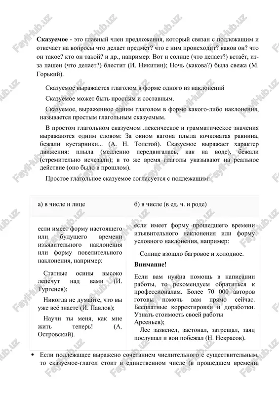 asuetsya s podlejashim: a) v chisle i litse b) v chisle (v ed. ch. i rode) esli imeet formu nastoyashego ili budushego vremeni iz'yavitelnogo nakloneniya ili formu povelitelnogo nakloneniya, naprimer: statnie osini visoko lepechut nad vami (i. turgenev); nikogda ne dumayte, chto vi uje vsyo znaete (i. pavlov); nauchi ti menya, kak mne jit teper! (a. ostrovskiy). esli imeet formu proshedshego vremeni iz'yavitelnogo nakloneniya ili formu uslovnogo nakloneniya, naprimer: solntse vzoshlo bagrovoe i xolodnoe. vnimanie! esli vam nujna pomosh v napisanii raboti, to rekomenduem obratitsya k professionalam. bolee 70 000 avtorov gotovi pomoch vam pryamo seychas. besplatnie korrektirovki i dorabotki. uznat stoimost svoey raboti arsenev); les zazvenel, zastonal, zatreshal, zayats poslushal i von pobejal (n. nekrasov). · esli podlejashee virajeno sochetaniem chislitelnogo s sushestvitelnim, to skazuemoe-glagol stoit v edinstvennom chisle (v proshedshem vremeni, srednem rode): proshlo sto let (a pushkin) ili vo mnojestvennom chisle: shli dva priyatelya vecherneyu poroy (i. …