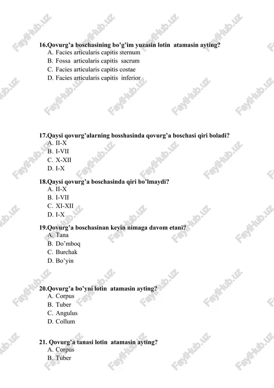 ning qanday qismlari bor? 1. to’sh dastasi,tanasi 1. to’sh tanasi,o’sigi 1. xanjar simon o’sigi 1. to’sh dastasi,tanasi.xanjar simon o’sigi 54.chaqaloqta necha juft chin,yolg’on,yetim qovurg’alar bo’ladi? 1. 7 juft chin,3 juft yolg’on,2 juft jetim 1. 5 juft chin,2 juft yolg’on,2 juft jetim 1. 8 juft chin,1 juft yolg’on,3 juft jetim 1. 7 juft chin,2 juft yolg’on,2 juft jetim 55.qovurg’alar qaysi davrda tez o’sadi? 1. erta bolalik davrida 1. emizikli davrda 1. o’spirim davrda 1. borliq davrda 56.qaysi davrda x qovurg’a to’g’ayi qovurg’a ravog’i bilan qo’shiladi? 1. bolalikning birinchi davrda 1. bolalikning ikkinchi davrda 1. emizikli davrda 1. o’spirim davrda 57.qovurg’aning bosshasi va do’mboqchasinda ikkilamchi suyak noqatlari qachon hosil bo’ladi? 1. bolalikning birinchi davrda 1. bolalikning ikkinchi davrda 1. emizikli davrda 1. o’spirim davrda 58.xanjar simon o’sik necha yoshda suyaklanib tanasi bilan birikkan? 1. 20 1. 30 1. 25 1. 35 59.chaqaloqning to’sh suyagi dastasinda necha suyaklanish noqati bo’ladi? 1. 1 1. …