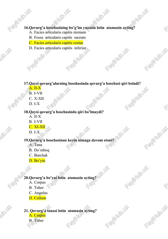 ning qanday qismlari bor? 1. to’sh dastasi,tanasi 1. to’sh tanasi,o’sigi 1. xanjar simon o’sigi 1. to’sh dastasi,tanasi.xanjar simon o’sigi 54.chaqaloqta necha juft chin,yolg’on,yetim qovurg’alar bo’ladi? 1. 7 juft chin,3 juft yolg’on,2 juft jetim 1. 5 juft chin,2 juft yolg’on,2 juft jetim 1. 8 juft chin,1 juft yolg’on,3 juft jetim 1. 7 juft chin,2 juft yolg’on,2 juft jetim 55.qovurg’alar qaysi davrda tez o’sadi? 1. erta bolalik davrida 1. emizikli davrda 1. o’spirim davrda 1. borliq davrda 56.qaysi davrda x qovurg’a to’g’ayi qovurg’a ravog’i bilan qo’shiladi? 1. bolalikning birinchi davrda 1. bolalikning ikkinchi davrda 1. emizikli davrda 1. o’spirim davrda 57.qovurg’aning bosshasi va do’mboqchasinda ikkilamchi suyak noqatlari qachon hosil bo’ladi? 1. bolalikning birinchi davrda 1. bolalikning ikkinchi davrda 1. emizikli davrda 1. o’spirim davrda 58.xanjar simon o’sik necha yoshda suyaklanib tanasi bilan birikkan? 1. 20 1. 30 1. 25 1. 35 59.chaqaloqning to’sh suyagi dastasinda necha suyaklanish noqati bo’ladi? 1. 1 1. …