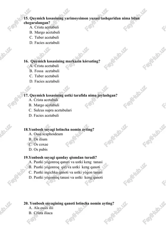 h qirra lotincha nima deyiladi? a. foramen obturaturum b. sulcus obturaturum c. crista obturatoria d. tuberculum obturaturum 43.pectin ossis pubis deganimiz nima? a. qov tanasi b. qov shoxi c. qov dómboǵi d. qov qirrasi 44.qov dómboǵi lotincha nima deyiladi? a. foramen pubis b. sulcus pubic c. crista pubia d. tuberculum pubicum 45. qov suyagining qaysi shoxi burilib pastki shoxga davom etadi? a. ramus superior b. ramus anterior c. ramus inferior d. ramus posterior 46. qov suyagi qarama qarshi tarafdagi qov suyagi bilan birigadigan yuzasin ayting? a. facies articularis pubis b. facies auricularis c. facies lateralis d. facies symphysialis 47.quymish suyagi lotincha nomi qanday? a. os ischii b. os ilium c. os coxae d. os pubis 48.quymish suyagining qanday qismlari bor? a. ingichka tanasi va bitta ósigi b. ingichka tanasi va ikkita shoxi c. tanasi va bitta shoxi d. yóǵon tanasi va bitta qanoti 49. quymish suyagi quymish kosasining qaysi qismin …