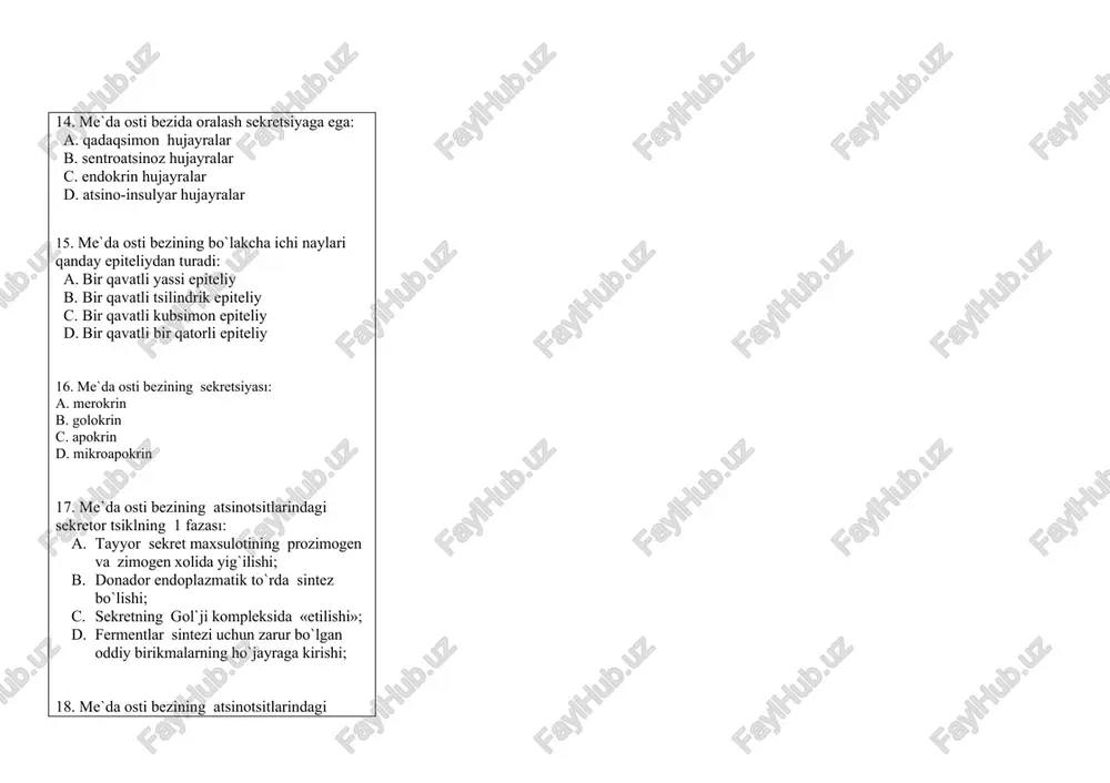 ifil hujayralar- bu qaysi hujayralar: a. a b. b c. d d. d1 37. pankratik orolchalar hujayralarining 70-75% tashkil etadi bu qaysi hujayra: a. a b. b c. d d. d1 38. pankratik orolchalar hujayralarininig 15-20 % qaysi hujayra tashkil etadi: a. a b. b c. d d. d1 39. pankratik orolchalar hujayralarining 5-10 % qaysi hujayra tashkil etadi: a. a b. b c. d d. d1 40. pankratik orolchalar hujayralarining 2-5 % qaysi hujayra tashkil etadi: a. a b. b c. d d. pp 41. insulin sintezlaydigan hujayra: a. “b” hujayralar b. “a” hujayralar c. “d” hujayralar d. “g” hujayralar 42. glyukogon ishlaydigan hujayra a. “b” hujayralar b. “a” hujayralar c. “d” hujayralar d. “g” hujayralar 43. somatostatin ishlaydigan hujayra: a. “b” hujayralar b. “a” hujayralar c. “d” hujayralar d. “g” hujayralar 44. vi̇p-ishlaydigan hujayra: a. “b” hujayralar b. “a” hujayralar c. “d” hujayralar d. “d1” hujayralar 45. pankreatik …