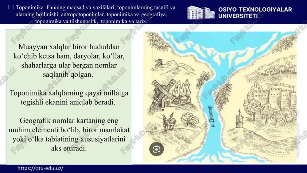 linishi, antropotoponimlar, toponimika va geografiya, toponimika va tilshunoslik, toponimika va tarix. mikrotoponimlar (grekcha mikro - kichik) dala, dasht, uchastka, mahalla, quduq, bulok, hovuz, jilg‘a, gulzor singarimayda obyekt nomlari kumdala, g‘anidasht, sho‘rquduk, gulhovuz, toshbuloq, qaymokligulzor, yuqorimahalla singari nomlar mikrotoponimlar deyiladi 1.1.toponimika. fanning maqsad va vazifalari, toponimlarning tasnifi va ularning bo‘linishi, antropotoponimlar, toponimika va geografiya, toponimika va tilshunoslik, toponimika va tarix. makrotoponnmlarga (grekcha makro - katta) yirik obyektlar - qita, mamlakat, dengiz, daryo, respublika, viloyat, shaharlarning nomlari kiradi. masalan, yevropa, osiyo, amerika, orol dengizi, amudaryo, o‘zbekiston, toshkent, qo‘qon. toponimlar nom ifodalagan obyektning hajmiy xususiyatiga ko‘ra ikki guruhga: makrotoponim va mikrotoponimga bo‘linadi. toponimlar qanday va qaysi tipdagi obyektning atoqli oti ekanligini anglatishi jihatidan bir necha turlarga bo‘linadi oykonimlar (grekcha - oykos-uy, turar joy)ga qishloq, posyolka, ovul, mahalla, guzar nomlari kiradi: qumqishloq, jarqishloq, qozoqovul, soymahalla, isfaraguzar kabi. polisonimlar (grekcha polis - shahar) shahar nomlarini o‘z ichiga oladi: parij, buxoro singari. polisonimlar, polisonimlar (grekcha polis …