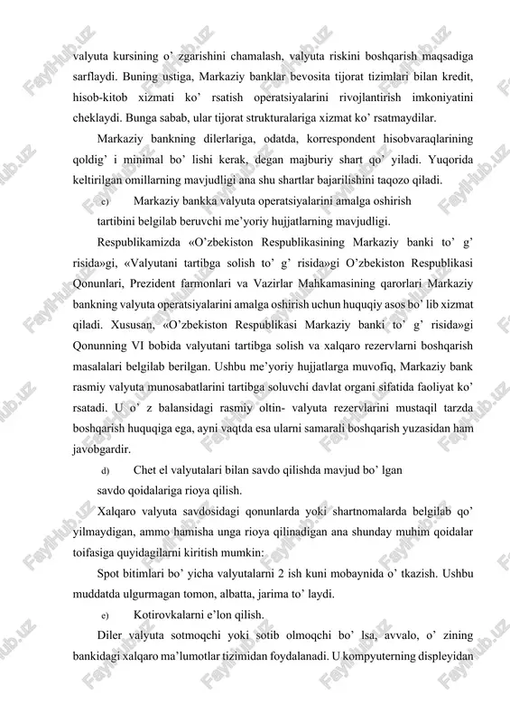 n qilish. diler valyuta sotmoqchi yoki sotib olmoqchi bo’ lsa, avvalo, o’ zining bankidagi xalqaro ma’lumotlar tizimidan foydalanadi. u kompyuterning displeyidan xalqaro valyuta bozorlaridagi kotirovkalarni kuzatishi mumkin. shundan keyingina valyuta kursi o’ ziga ma’qul bo’ lgan bankka murojaat qiladi. qabul qilingan qoida shundan iboratki, hech qaysi diler hech qachon birdan valyutani sotmoqchi yoki sotib olmoqchi ekanligini aytmaydi. faqat sotish yoki sotib olish kursini so’ raydi. kurslar to’ g’ risidagi ma’lumotni olgandan so’ ng, o’ z fikrini izxor qiladi. bunda bozorda qabul qilingan minimal bitimlar summasi, albatta, e’tiborga olinishi kerak. masalan, 500 ming aqsh dollari, 1 mln germaniya markasi, 1 mln shveysariya franki bo’ lishi mumkin. amalda valyuta savdosi minimal summadan bir necha barobar yuqori summada amalga oshiriladi. shunisi e’tiborliki, yetakchi valyutalar verguldan keyin 4-raqamgacha aniqlikda kotirovka qilinadi. f) bitimning yozma tarzda shartnomalarsiz amalga oshiri-lishi. valyuta savdosi asosan telefon yoki telegraf orqali amalga oshirilgan kelishuvlar asosida sodir bo’ ladi. birjada esa …
