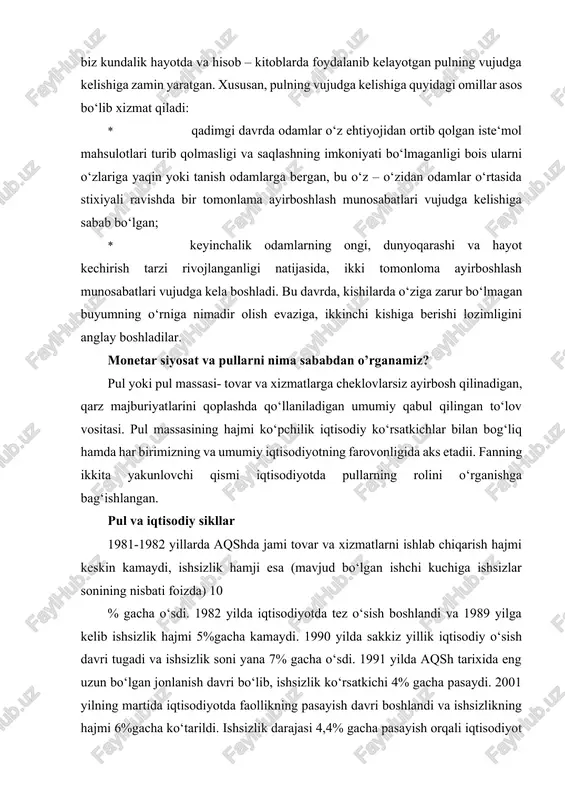 sakkiz yillik iqtisodiy o‘sish davri tugadi va ishsizlik soni yana 7% gacha o‘sdi. 1991 yilda aqsh tarixida eng uzun bo‘lgan jonlanish davri bo‘lib, ishsizlik ko‘rsatkichi 4% gacha pasaydi. 2001 yilning martida iqtisodiyotda faollikning pasayish davri boshlandi va ishsizlikning hajmi 6%gacha ko‘tarildi. ishsizlik darajasi 4,4% gacha pasayish orqali iqtisodiyot 2001 yil noyabr oyidan boshlab tiklanishni boshladi. 2007 yil dekabr oyidan boshlab iqtisodiyot retsessiya holatiga tushdi va 2009 yil iyun oyida iqtisodiyot sekinlik bilan tiklanishdan oldin ishsizlik darajasi 10%dan oshib ketdi. nima sababdan aqsh iqtisodiyoti shunday keskin o‘zgarishlarni boshdan kechirdi? faktlar shundan dalolat beradiki, iqtisodiyotda tovar va xizmatlar hajmining kamayishi yoki ortishi orqali pullar iqtisodiy tsikllarini shakllantirishda asosiy rolni o‘ynaydi. iqtisodiy tsikllar har birimizning farovonligimizga ta‘sir ko‘rsatadi. masalan, ishlab chiqarish oshsa, ish topish oson bo‘ladi, aksincha, ishlab chiqarish pasaysa, ish topish qiyinlashishi mumkin. 3-rasmdagi grafik 1950 yildan 2011 yillar oralig‘ida pul massasining o‘sishi dinamikasi ko‘rsatilgan. shtrixlangan ma‘lumotlar tovar va xizmatlarni ishlab chiqarish …