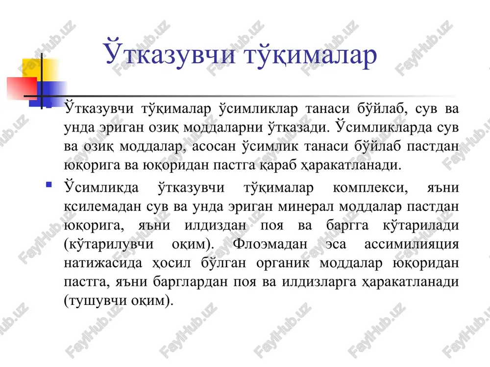 o) ning bikollateral o'tkazuvchi nay bog'lami. 1-asosiy parenxima, 2-tashqi floema, 3-kambiy, 4-ikkilamchi ksilema, 5-birlamchi ksilema, 6-ichki floema yopiq kolloteral o'tkazuvchi bog'lamlar amaliy mashg'ulot uchun zarur materiallar: makkajo'xori (zea mays) poyasi kesimidan tayyorlangan tayyor preparat yoki shu o'simliklarning poyasidan bir bo'lak. 96 % li spirt, floroglyutsin va 25% li sulfat kislotasi, lupa, pintset va igna. yopiq kollateral o'tkazuvchi bog'lamlar amaliy mashg'ulot uchun zarur materiallar: makkajo'xori (zea mays) poyasi kesimidan tayyorlangan tayyor preparat yoki shu o'simliklarning poyasidan bir bo'lak, xlorid kislota, lupa, pintset va igna. ishni bajarish tartibi: bir pallali o'simliklarning o'tkazuvchi nay–tola bog'lamlari tuzilishi o'zining tipik xususiyatiga ega bo'lib, ularda kambiy qatlami bo'lmaydi. shunga ko'ra bir pallali o'simliklarda ikkilamchi yo'g'onlashish sodir bo'lmaydi. o'tkazuvchi tolalar sirt tomonida lub (floema) qatlami bo'lib, uning ichki qismi sodda tuzilishga ega. u faqat ikki elementdan: elaksimon naylar (biroz yo'g'on, yumaloq nay va yo'ldosh hujayra) dan va deyarli kvadrat shakldagi biroz katta hujayralardan shakllangan naylardan iborat. yo'ldosh …