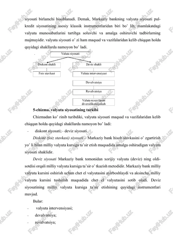 rida chet el valyutalarini sotib olish yoki aksincha, sotish valyuta intervensiyasi deyiladi. hozirgi davrda valyuta intervensiyasidan ko’ zlangan asosiy maqsad valyuta kursining qisqa vaqt oralig’ ida kutilmaganda yuzaga keladigan keskin tebranishlariga barham berish hisoblanadi. deviz siyosatining instrumentlaridan yana biri devalvatsiyadir. devalvatsiya – (lotincha so’ zdan olingan bo’ lib, «qadrining tushishi» degan ma’noni anglatadi) milliy valyutaning chet el valyutalariga yoki xalqaro hisob-kitob pul birliklariga nisbatan qadri tushishidir. inflyatsiyaning kuchayishi va mamlakat to’ lov balansining salbiy qoldiqqa ega bo’ lishi devalvatsiyaning kelib chiqishiga sabab hisoblanadi. uning yuzaga kelishida quyidagi 2 xil sabab qayd qilinadi: · eksportni rag’ batlantirish; · milliy valyutaning rasmiy kursi bilan uning real xarid quv-vati o’ rtasida sezilarli tafovutning paydo bo’ lishi. revalvatsiya – (lotincha so’ zdan olingan bo’ lib, «qadrini oshirish» ma’nosini anglatadi) milliy valyutaning chet el valyutalariga erkin, xalqaro hisob-kitob pul birliklariga nisbatan qadrining oshishidir. uning kelib chiqishiga sabab inflyatsiyaning nihoyatda past darajada bo’ lishi va uzoq …