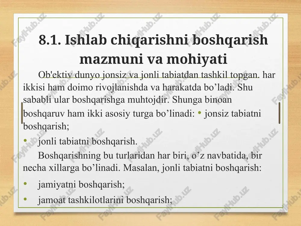xshilanishida namoyon bo’ladi . mashinalar sifatini oshirishning samaradorligi:  mehnat unumdorligining oshishida ;  mashinalar chidamliligining uzayishida ;  zaxiradagi mashinalarga bo’lgan talabning qisqarishida ;  ta'mirtalab mashinalar sonining kamayishida ;  kapital sarflariga bo’lgan tejamkorlikda namoyon bo’ladi va hk . mahsulot sifatiga quyidagi omillar ta'sir ko’rsatadi:  ishlab chiqarish vositalari sifati; xom - ashyo va materiallar sifati;  ishlovchilarning malakasi, ish qobiliyati, uyushqoqligi, tashabbuskorligi, izlanuvchanligi va ijodiy yondoshuvi;  ishlab chiqarishni tashkil qilish va boshqarish san'ati. sifatni nazorat qilish ham uch bosqichdan iborat:  kelayotgan xom - ashyo, materiallar, yarim fabrikatlar va butlovchi qismlarni tekshirishdan iborat bo’lgan kirish nazorati ;  ishlab chiqarish jarayonida mahsulotlar parametrlarni tekshirishdan iborat ehtiyot yoki joriy nazorat ;  tayyor mahsulotni tekshirishga qaratilgan qabul qilish nazorat lariga bo’linadi. sifatni nazorat qilish - mahsulot sifati ko’rsatkichlarining belgilangan talablarga muvofiqligini tekshirishdir. nazorat savollari 1 . ishlab chiqarishni boshqarish mazmuni va mohiyatini tushuntiring. 2 . ishlab chiqarishni …