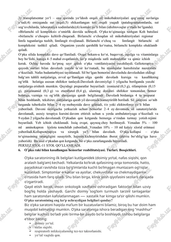 aritmik; serebrovaskular; • belgisiz xili. miokard infarktining qorin gastralgik xilida qorin bo‘shlig‘i a’zo lari faoliyatining o‘zgarishi kasalligiga xos bo‘lgan belgilari bo‘lgan (gastralgik) xili qorinning yuqori qismida og‘riq, ko‘ngil aynishi, qusish, kekirish, hiqichoq tutishi, qorinning dam bo‘lishi, ich ketish bilan kechadi. 5. o`pka sili bilan kasallangan bemorlar reabilitatsiyasi. turlari. pahxez stoli. j: sil mikobakteriyalari turli xil fizik va kimyoviy ta’sirlarga, issiq­sovuqqa, yorug‘lik va namlikka ancha chidamli. quyosh nuri tushmaydigan tabiiy sharoitda ular bir necha oygacha yashashi mumkin, ko‘cha changida 10 kun, kitob sahifasida 3 oygacha tirik turishi mumkin, yorug‘lik ta’sirida 1–1,5 oy mobaynida halok bo‘ladi, suvda esa 150 kun saqlanadi. sil mikobakteriyalari chirish jarayonlariga ham chidamli bo‘lib, murda ko‘milgandan keyin ham bir necha oygacha saqlanib turadi. o‘pka sili, etiologiyasi, kasallik manbai va yuqish yo‘llari. o‘pka silini qo‘zg‘atuvchisi – sil mikobakteriyasi, koh batsil lasi (bk)dir (koh nomli nemis olimi nomiga qo‘yilgan). asosiy infeksiya manbayi o‘pka sili bilan og‘rigan bemor. sil mikobakteriyalari bemorlarning …