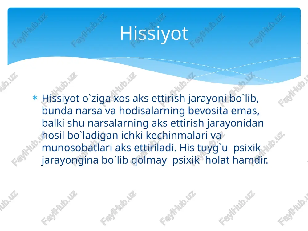 shi bo`yicha amalga oshiriladi. anglanmagan holda namoyon bo`luvchi asab tizimi, endokrin, ovqat xazm qilish va boshqa tizimlardagi o`zgarishlar bilan bog`liq jarayonlarni; anglangan sezgilar bilan bog`liq jarayonlarni. yuz ifodasi, imo-ishora va hatti -harakatlarda namoyon bo`luvchi hissiyotlar yig`indisini o`rganish. hissiyotlar o`zining kuchi, davomiyligi, sifati va mazmuniga ko`ra ham farq qilishi mumkin. hissiyotlarni eksperimental yo`l bilan o`rganganda har bir kishining hissiy holatlari haqidagi nutqiy tavsiflaridan va vegetativ xususiyatlarni turli usullar yordamida yozib olishdan foydalanish mumkin. hissiy holatlarning ifodalanishi (ekspressiv tomoni)ni o`rganishning qulayligi, tarixiy xujjatlar, kinoxronika lentalari, fotosurat va boshqalardan ham foydalanish mumkin. ekspressiya deganda, insonning jismoniy va ruhiy holatlarining tashqi namoyon bo`lishi harakati-mimika, tananing ifodali harakati -poza, qo`lning ifodali harakati imo-ishora (jest) ularning barchasi umumlashtirib, pantomimika deb ataladi. insonning ruhiy holati haqida eng ko`p axborotni mimika beradi. insonning pantomimik harakatlari yosh va individual xususiyatlariga bog`liq holda namoyon bo`ladi. pantomimik harakatlar ixtiyorsiz va ixtiyoriy bo`lishi mumkin. ixtiyoriy pantomimika ixtiyorsiz harakatlar asosida, sub`ektning hayotiy tajribasi …