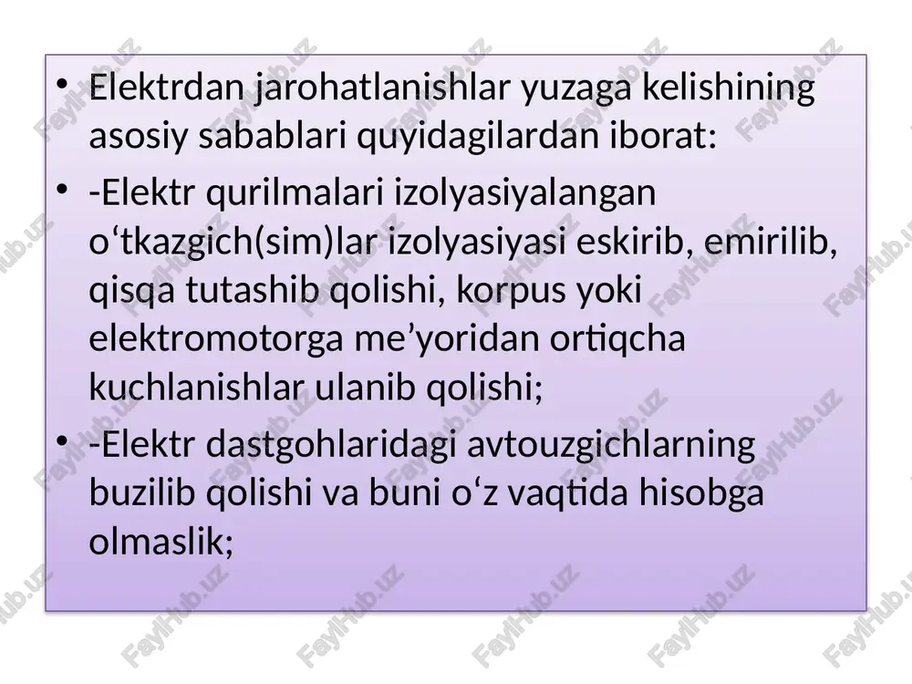 jarohatlanish og‘irligi insonning shaxsiy xususiyatlarga hambog‘liq. misol uchun “ushlabqoladigan” tokni miqdori ayrim tanaga“sezish chegarasi” ayrimlarga “qo‘yibyuboradigan”chegarasi bo‘lishi mumkin. bundan tashqari inson tanasini og‘irligiga va uning baqvatligiga ham bog‘liq. shuni aytish kerakki ayollar uchun tokni miqdori tahminan 1,5 barobar pastroq, erkaklarga nisbatan. tokni ta’sirini darajasi insonni asab tizimi va organizmning holatiga ham bog‘liq. agar inson asablangan, dipressiya yoki kasal (ayniqsa terikasalligi, yurak-tomir tizimi, asab tizimi va hakazo) yoki mast holatida bo‘lsa tokni xavfi yanada oshadi. “diqqat faktori” ham,katta ahamiyatga ega. agar inson elektr tokni “urishiga”, “tayyor”bo‘lsa, ta’siri kamayadi, agar “urishi”kutilmaganbo‘lsa xavfi keskin oshadi. elektr qurilmalarini ishlatish xavfligini taxlili inson tanasidan o‘tayotgan tokni meyorida,turli holatida kuchlanish ostida qolishi va turli tarmoqdagi turli faktor va parametrlarini ulanib qolishi ta’sirini baholashiga keltiradi. elektr tarmoqlar o‘zgaruvchan va o‘zgarmas tokli bo‘ladi. o‘zgaruvchan tok bir fazali va ko‘p fazalilarga ajratiladi. o‘zgaruvchan tokni uch fazali tarmoqlar turi eng ko‘p qo‘llaniladi. transformator yoki generator neytral rejimi bo‘yicha, uch fazali …