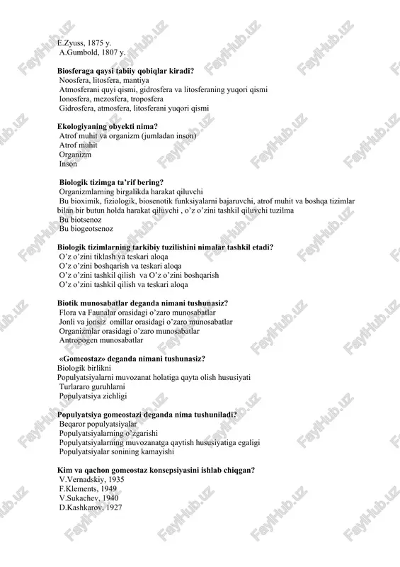 alarning o’zgarishi populyatsiyalarning muvozanatga qaytish hususiyatiga egaligi populyatsiyalar sonining kamayishi kim va qachon gomeostaz konsepsiyasini ishlab chiqgan? v.vernadskiy, 1935 f.klements, 1949 v.sukachev, 1940 d.kashkarov, 1927 jamoa deganda nimani tushunasiz? har qanday o’simlik, hayvonot va mikroorganizmlarning birgalikda yashashlari jonli organizmlar guruhi alohida populyatsiya mikroorganizmlarpopulyatsiyasi «biotsenoz» atamasi qachon va kim tomonidan fanga kiritilgan? 1905 y, uait 1947 y, odum 1877 y, myobius 1923 y, sukachev biotsenozga ta’rif bering? o’simliklar jamoasi atrof muhitda yashovchi xar xil turdagi organizmlarning majmuasi hayvonlar jamoasi mikroorganizmlar jamoasi ekotizimning asosiy alomati nimada? o’lchamsizligi metr o’zaro aloqa yig’indi ekotizimlarda modda va energiya almashinuvi qanday ro’y beradi? teskari ichki tashqi ichki va tashqi qanday ekotizimlar mavjud? tabiiy tabiiy va sun’iy (inson tomonidan ) sun’iy kosmik «ekotizim» tushunchasini ifodalab bering? tabiiy muhit inson faoliyati qobig’i barcha organizmlar va muhitning umumiyligi biotsenozlar «ekotizim» atamasi qachon va kim tomonidan kiritilgan? v.sukachev, 1940 y. yu.izrael, 1984 y. c) yu.odum, 1986 y. d) a.tensli, 1935 …