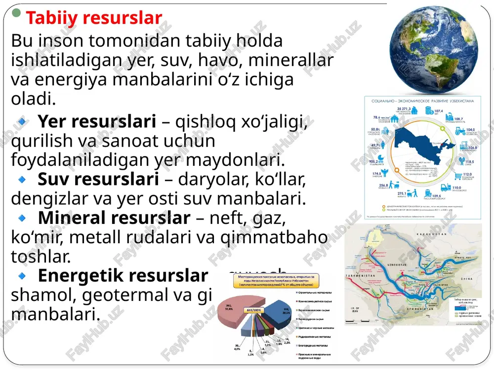 kanada – nikel, asbest, uran, neft, ko‘mir, polimetallar, oltin. avstraliya – temir rudasi, neft, uran, titan, marganets, polimetallar, boksitlar, olmos, oltin. braziliya – temir rudasi, rangli metallar. o‘zbekistonda mavjud asosiy foydali qazilmalar oltin – o‘zbekiston dunyodagi eng yirik oltin qazib oluvchi davlatlardan biri bo‘lib, muruntov va qizilqum konlari eng yirik hisoblanadi. uran – o‘zbekiston uran zahiralari bo‘yicha jahonda yetakchi o‘rinlardan birida turadi va uni eksport ham qiladi. mis – almalyk tog‘-kon metallurgiya kombinati (agmk) yirik mis ishlab chiqaruvchilardan biri. ko‘mir – angren va sharg‘un ko‘mir konlari mavjud. tabiiy gaz va neft – o‘zbekiston gaz qazib olish bo‘yicha markaziy osiyodagi yirik davlatlardan biri. volfram – volfram rudalarining muhim zaxiralari bor. qo‘rg‘oshin va rux – olmaliq va boshqa hududlarda qazib olinadi. marmar va ohaktosh – qurilish materiallari sifatida ishlatiladi. yer resurslari – inson yashashi va har qanday xo‘jalik faoliyati uchun yaroqli bo‘lgan yer yuzasi. yer resurslari quyidagi xususiyatlar bilan tavsiflanadi: hududning kattaligi …