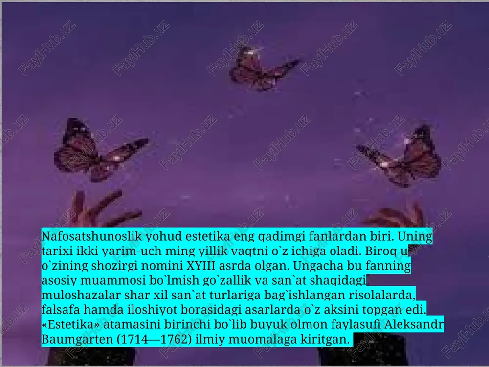 a tabiat yaratgan ulug`vor go’zallik. tabiat go’zalligi nazorat savollari 1. estetik anglash tushunchasi va uning individual xarakteri. 2. insoniyat tarixida estetik anglash, munosabat va faoliyatning talqini. 3. estetik bilish va estetik qadriyatlar mutanosibligi. 4. estetik anglashning asosiy elementlari. 5. estetik ehtiyoj, estetik munosabat, estetik tuyg‘u, estetik did, estetik baho, estetik ideal, estetik qarashlar, estetik nazariyalar. 6. shaxs estetik ehtiyoji. image3.jpeg image4.jpeg image5.jpeg image6.jpeg image7.jpeg image8.jpeg image9.jpeg image10.jpeg image11.jpeg image12.jpeg image13.jpeg image14.jpeg image15.jpeg image16.jpeg image17.jpeg image18.jpeg image19.jpeg terragen - this is the way god made me /docprops/thumbnail.jpeg