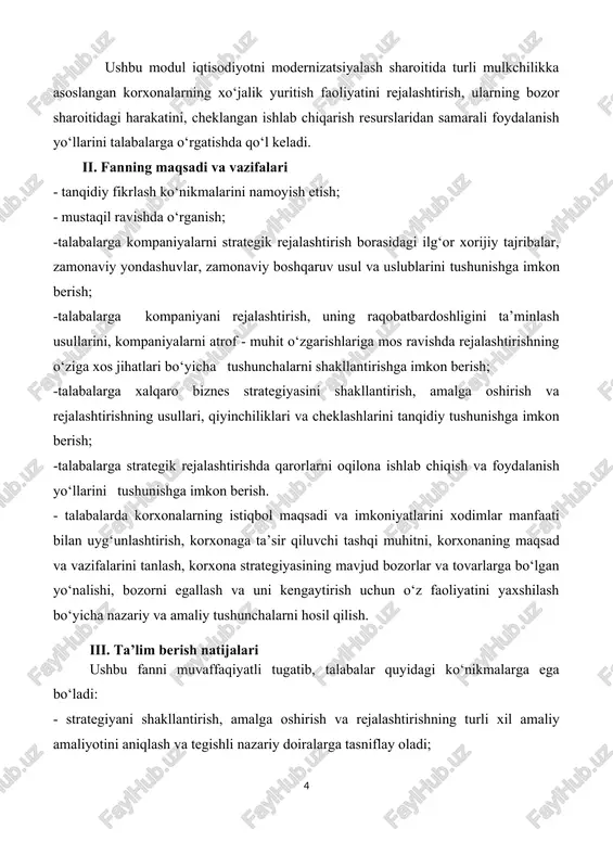 tirishning mohiyati va vazifalari 2-mavzu. strategik rejalashtirishning ob’ektlari 3-mavzu. strategiyali rejalashtirishning sub’ektlari 4-mavzu. strategik rejalashtirish sub’ektlari tomonidan qaror qabul qilishda qo‘llaniladigan usullar 5-mavzu. strategik rejalashtirishning modellari 6-mavzu. strategik rejalashtirishning uslubiyati va uni tashkil etish 7-mavzu. global strategiya va raqobat 8-mavzu. funksional strategiya 9-mavzu. tarmoqni egallovchi strategiya 10-mavzu. strategik rejalashtirishda menejerning o’rni 11-mavzu. strategik tadqiqotlar 12-mavzu. strategik rejalashtirish jarayonida inson resurslari 13-mavzu. rivojlangan davlatlar strategiyasi 14-mavzu. strategik dasturlar bilan ishlash 15-mavzu. korxona strategiyasi amaliy mashg’ulotlarda talabalar strategik boshqaruvni rivojlanish tarixi va xozirngi xollatini, uning nazariy asoslarini, boshqaruv modellarini, boshqaruvda ijtimoiy mas’uliyatni, boshqaruvni o’rni va ahamiyatini, boshqaruv faoliyati bo’yicha ishlarni tashkil etish va boshqalarni o’rganadilar. amaliy mashg’ulotlar multimedia qurilmalari bilan jixozlangan auditoriyada xar bir akadem guruxda aloxida o’tiladi. mashg’ulotlar faol va inter faol usullar yordamida o’tiladi, diologik yondashuv, muammoli ta’lim, aqliy hujum texnologiyalari ishlatiladi. muammoli masalalar mazmuni o’qituvchi tomonidan belgilanadi. ko’rgazmali materiallar va axborotlar multimedia quurilmalari yordamida uzatiladi. vii. ta’lim texnologiyalari va …