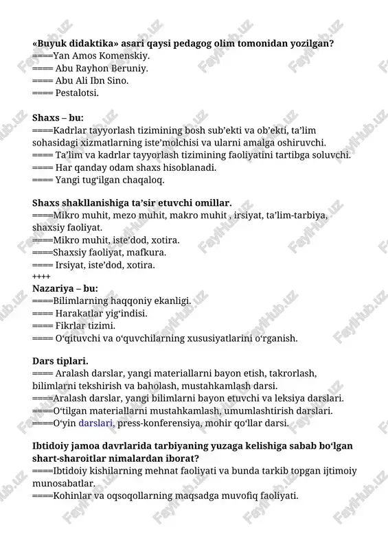 atda. ====ibtidoiy jamoaning yemirilish davrida. eng qadimgi davrlardagi ma’naviy madaniyatimiz, xususan, bolalar tarbiyasi tizimini o‘rganishda asos bo‘lgan manbani ayting. ====«avesto». ==== quro‘ni karim. ====ibn sino. «axloq haqida risola». ====ma’rifatparvarlarning ish asarlari. xalq ommasi tomonidan yaratilgan va avloddan-avlodga o‘tib kelayotgan ta’lim-tarbiya ishlarini amalga oshirish bobida qo‘llanib kelingan usul, vosita, ko‘nikma va malakalar birligini ifodalovchi tajribalar asosida to‘plangan bilim va ma’lumotlar yig‘indisi. ====xalq pedagogikasi. ====pedagogika. ====tarbiya nazariyasi. ====didaktik. «axloq-odob, rasm-rusum, kasb-hunar, odat va irodani hosil qilish uchun insondan zo‘r kuch va qudrat talab qilinadi. bu ikki yo‘l bilan, ya’ni ta’lim va tarbiya yo‘li bilan hosil qilinadi. ta’lim degan so‘z xalqlar va shaharliklar o‘rtasida nazariy fazilatlarni birlashtirish, tarbiya esa shu xalqlar o‘rtasidagi tug‘ma fazilat va amaliy kasb-hunar fazilatlarini birlashtirish degan so‘zdir. ta’lim so‘z va o‘rgatish bilangina bo‘ladi. tarbiya esa amaliy ish, tajriba bilan, ya’ni shu xalq, shu millatning amaliy malakalaridan iborat bo‘lgan ish-harakat, kasb-hunarga berilgan bo‘lishi, o‘rganishdir» bu ta’rifning muallifi kim? ====forobiy. ====al-xorazmiy. …