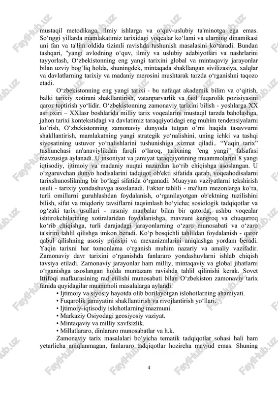 nchasining ta'rifi, mazmun -mohiyati o‘zbekistonda ijtimoiy-iqtisodiy va siyosiy hayotni isloh qilish bilan bir vaqtda, milliy o‘ziga xoslikni mustahkamlash jarayonlari boshlandi. tarixiy xotira - milliy o‘ziga xoslikni tarixan idrok etishda asos bo‘lib xizmat qildi. ma'lumki, tarixiy xotira xazinasi millat taraqqiyotiga yordam beradigan milliy ongning samarali kuchi sifatida ona tiliga, turmush tarziga, urf-odatlari va madaniyatiga ehtiyotkorlik bilan munosabatda bo‘lishni talab qiladi. bu shunchaki ma'naviy merosni saqlab qolish uchun tarixiy qadriyatlarni jalb qilish emas, balki ma'naviy tiklanish yo‘lini boshlash uchun xalq o‘zining ko‘p asrlik tarixiga, ming yillik madaniy tajribasiga, buyuk ajdodlari merosiga murojaat qilishi va o‘zbekistonning jahon hamjamiyatiga qanday ma'naviy-axloqiy boyliklar bilan kirishi kerakligini anglatadi. bularning barchasi i.karimov tomonidan tarixiy xotiraga berilgan mazkur ta'rifda o‘z ifodasini topgan: “tarixiy xotira – bu umr mazmunini, avlodlar o‘rtasidagi vorislik tuyg‘usini, ularning bir-biriga daxldor ekanligini, hayotning bamisoli uzviy halqalar kabi ketma-ket bog‘lanishini anglash, tarixdan xulosa chiqarib, bugungi kun uchun to‘g‘ri yo‘l tanlash, ota-bobolarimizning ro‘hi poklariga hurmat bilan …