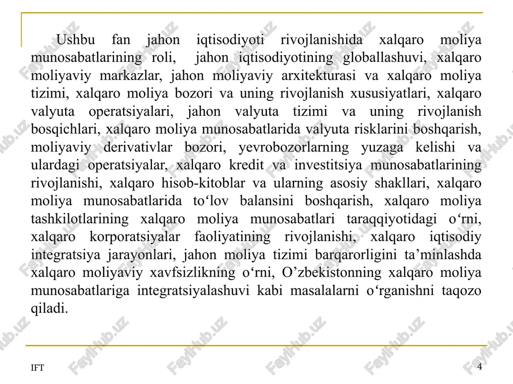 shkilotlar, firmalar hamda xalqaro tashkilotlar va moliya institutlari, transmilliy korporatsiyalar, transmilliy banklar, birjalar, jismoniy shaxslar. xalqaro moliya munosabatlari turli mamlakatlarning xoʻjalik yurituvchi sub’ektlari oʻrtasida, davlat va boshqa mamlakatlar xukumatlari hamda xalqaro tashkilotlar oʻrtasida, davlat va korxonalar bilan xalqaro moliya institutlari oʻrtasida yuzaga kelishi mumkin. 13 ift xalqaro moliyaning asosiy funktsiyalari taqsimlash funktsiyasi tartibga solish funktsiyasi barqarorlash-tirish funktsiyasi nazorat funktsiyasi 14 ift xalqaro moliya shakllanishi va rivojlanishining asosiy omillari: jahon bozorlarining vujudga kelishi, ayniqsa tovar bozorlari. xalqaro mehnat taqsimoti. iqtisodiy aloqalarning globallashuvi. iqtisodiy va ijtimoiy sohalarda integratsiya jarayonlarining kuchayishi. ilmiy-texnika taraqqiyoti. xalqaro moliya munosabatlarining koʻp tomonlama tartibga solish tizimini takomillashtirilishi. jahon iqtisodiyotida global muammolarning keskinlashuvi. ift 15 xalqaro moliya yaxlit tizim sifatida faoliyat koʻrsatadi va uning elementlariga quyidagilar kiradi: jahon valyuta tizimi. xalqaro hisob-kitoblar – moliyaviy instrumentlar, ishlab chiqarish omillari, tovarlar xarakati, shuningdek, xalqaro hisob-kitoblar bilan bog’liq barcha operatsiyalarni aks ettiruvchi toʻlov balansiga xizmat qiladi. xalqaro moliya bozorlari va muayyan moliyaviy …