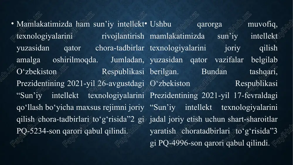 dentifikatsiya qilish imkoniyati yaratilganligi, o‘zbekkosmos” sun’iy intellektni qo‘llab, 43 mingga yaqin yer qa’ridan noqonuniy foydalanish va ruxsatsiz qurilish holatlarini aniqlaganligi qayd etib o‘tildi. bundan tashqari, taqdimotda sog‘liqni saqlash, qishloq xo‘jaligi, bank, soliq, bojxona kabi sohalarda sun’iy intellekt texnologiyalarini rivojlantirish chora-tadbirlari ko‘rib chiqildi. xulosa xulosa qilib aytadigan bo‘lsak, mamlakatimizda sun’iy intellektni rivojlantirish uchun katta imkoniyatlar mavjud bo‘lib, bu jarayon mamlakatning ijtimoiy-iqtisodiy rivojlanishiga ijobiy ta‘sir ko‘rsatishi mumkin. jumladan: a) ta’lim va kadrlar tayyorlash tizimida o‘zbekistonda sun’iy intellektni rivojlantirishning muhim yo‘nalishlaridan biri ta’limdir. oliy ta’lim muassasalarida si bilan bog‘liq dasturlarni joriy etish va talabalarni zamonaviy texnologiyalar bilan tanishtirish zarur. shuningdek, amaliyot o‘tash imkoniyatlarini yaratish orqali talabalarni real hayotdagi muammolarni hal qilishga tayyorlash mumkin. b) innovatsion loyihalar va startaplar tizimida o‘zbekistonda innovatsion loyihalarga e’tibor qaratish va startaplarni qo‘llabquvvatlash si rivoji uchun muhimdir. davlat va xususiy sektor o‘rtasida hamkorlik o‘rnatish, grantlar va investitsiyalar jalb qilish si sohasida yangi g‘oyalar va texnologiyalarni rivojlantirishga yordam beradi. c) …