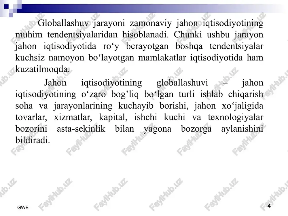 gallagan. ular faoliyatining muhim qismi gipertexnologiyalarni (yoki metatexnologiyalar) ishlab chiqish bilan bog’liq. bular jumlasiga, yangi kompyuterlar avlodi, kompyuter dasturlari, ishlab chiqarishda foydalaniladigan texnologiyalarni va boshqalarni kiritish mumkin. gwe 14 globallashuvning toʻrtinchi manbasi sifatida erkin savdo tizimini va bozor iqtisodiyotini baholashda global hamfikrlikka erishishni keltirish mumkin. aytish joizki, jahon iqtisodiyoti globallashuvining yana bir muhim xususiyati, xx asrning oxirgi yillarida moliya bozorlarining jadal rivojlanishida namoyon bo’ldi. gwe 15 gwe 16 bosqichlar bosqichlarning xususiyatlari i-bosqich. 1870-1920 yillar xom-ashyo manbalarining egallanishi. tabiiy resurslarning kapital va toʻg’ridan-toʻg’ri investitsiyalarni eksport qiluvchi mamlakatlar nazorati ostidagi hududlarda ishlatilishi. ii-bosqich. 1920-1970 yillar yangi bozorlarning vujudga kelishi va egallanishi. xorijiy investitsiyalarni tayyor mahsulotlar eksportiga yo’naltirilgan ishlab chiqarishlarga safarbar etilishi. iii-bosqich. 1970 yildan hozirgi davrgacha sanoati rivojlangan mamlakatlarda tabiiy resurslarga egalik qilishdan tashqari quyidagi maqsadlarning yuzaga kelishi: investitsiyalar tarkibini samarali taqsimlash; global yoki hududiy iqtisodiy integratsiya afzalliklaridan foydalanish; qo’shimcha texnologik, tashkiliy yoki bozor imkoniyatlariga ega bo’lish; global raqobatbardoshlikni oshirish va mustahkamlash. …