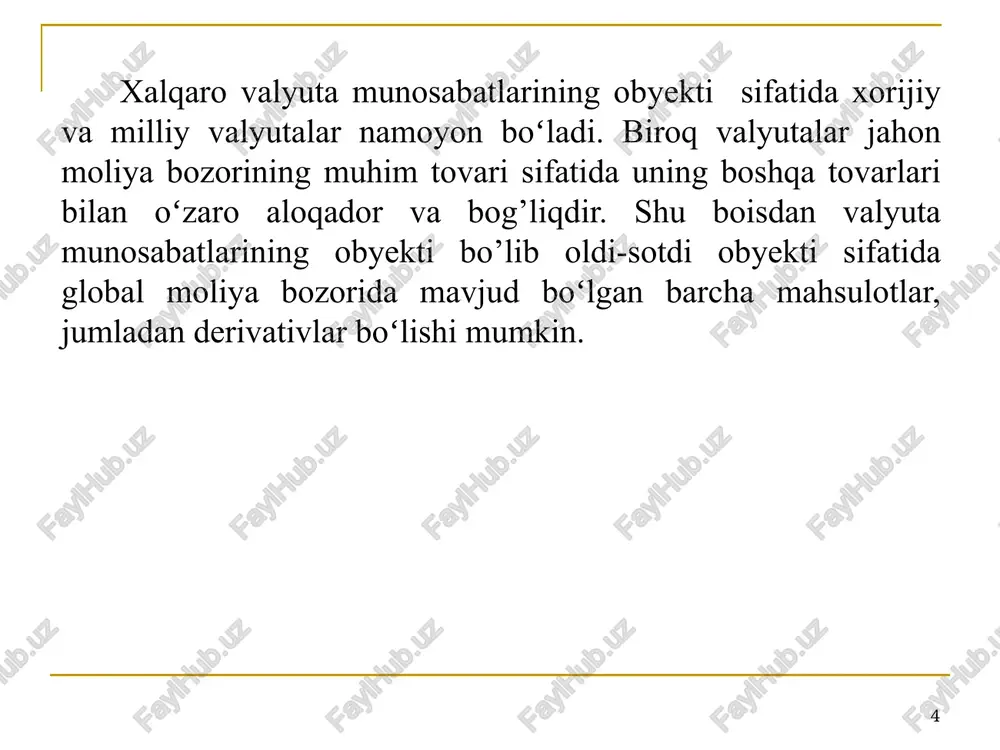 llar, mxn – meksikanskoe peso, cny – yuan – renminbi, nzd – novozelandskiy dollar, sek – shvedskaya krona, rub – rossiyskiy rubl, otn - drugie valyuti. triennial central bank survey: foreign exchange exchange and derivatives market activity in 2019 / bank for international settlements. september, 2019. usd eur jpy gbp aud chf cad mxn cny nzd sek rub otn 87.6 31.4 21.6 12.8 6.9 4.8 5.0999999999999996 1.9000000000000001 4 2.1 2.2000000000000002 1.1000000000000001 18.5 ikkinchidan, bank qisqa muddatli kreditlariga valyuta spekulyantlarining yuqori talabi foiz stavkalari darajasini oshiradi, bu esa mahsulot ishlab chiqaruvchilar uchun kredit olishga boʻlgan imkoniyatni pasaytiradi. uchinchidan, spekulyativ kapitallar nafaqat iqtisodiyotni beqarorlashtiradi, balki valyuta kurslari dinamikasida ham noaniqlikni yuzaga keltiradi. bu holat, valyuta kurslarining keskin tebranishiga va natijada milliy iqtisodiyotda inqirozli holatlarning yuzaga kelishiga sabab boʻladi. shuning uchun xalqaro valyuta munosabatlari xalqaro iqtisodiy munosabatlarning yuqori daromadli va harakatchan sohasini oʻzida ifodalaydi, shu bilan birgalikda yuqori riskli hisoblanadi. ular oʻzida real …