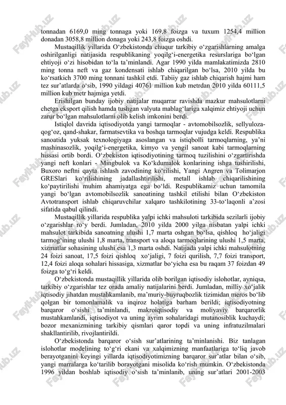 spublika aholisining 70 foizining jami daromadi tirikchilik o‘tkazish uchun zarur bo‘lgan eng quyi darajadan ham past edi. yuqorida qayd etib o‘tilgan qaltis vaziyatni bartaraf etish maqsadida mamlakatimiz rahbari tomonidan aholini eng avvalo oziq-ovqat, xususan, un mahsulotlari bilan ta’minlash vazifasi qo‘yildi. qishloq ho‘jaligida paxta yakkahokimligiga barham berilib, ekin maydonlarining katta qismi don mahsulotlariga ajratildi. agar mustaqillikka erishilgan yillarda paxta maydonlari respublika umumiy ekin maydonlarining 75 foizdan ko‘proq qismini tashkil etgan bo‘lsa, keyingi davrda paxta yakkahokimligini tugatish va qishloq xo‘jalik ekinlari tarkibini optimallashtirish chora-tadbirlari olib borilishi natijasida paxta maydonlari deyarli 41 foizga qadar qisqartirildi. natijada ozuqabop g‘alla importiga qaramlik barham topib, tez orada yurtimizda g‘alla mustaqilligi qaror topdi. agar 1991 yilda 4003 ming tonna miqdordagi don mahsulotini import qilishga majbur bo‘lgan bo‘lsak, mustaqillikning dastlabki olti yili ichida bu ehtiyojni keskin ravishda 5,4 barobar qisqartirishga, keyinchalik esa milliy ishlab chiqarish hisobidan qondirishga erishildi. g‘alla ishlab chiqarish hajmi 1990 yildagi 1899 ming tonnadan 2010 …