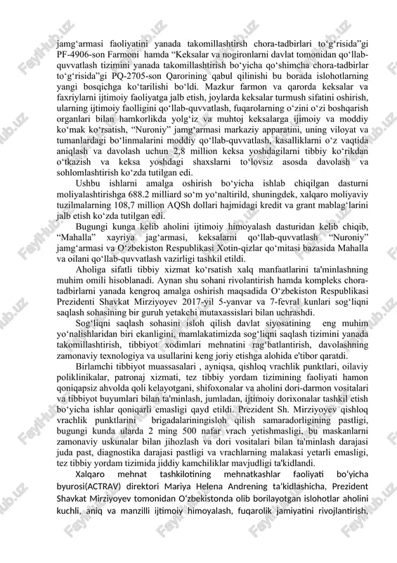 oziq-ovqat, elektrotexnika sanoati, mashinasozlik va avtomobilsozlik, qurilish materiallari ishlab chiqarish va boshqa yo‘nalishlarda yangi zamonaviy ishlab chiqarish quvvatlari tashkil etish yangi ish o‘rinlari yaratilishiga zamin yaratadi. “mehnat migratsiyasi to‘g‘risida”gi o‘zbekiston respublikasi qonuni. qonun mehnat migratsiyasi siyosatining asosiy ynalishlari, fuqarolarning chet ellarda ishga joylashtirishning mexanizm va shakllari, mehnat migrantlari bilan ishlash sohasidagi davlat diplomatik vakolatxonalarning asosiy faoliyat yo‘nalishlari, chet ellarda ishga joylashtirishning mexanizm va shakllari, mehnat migrantlari bilan ishlash sohasidagi diplomatik vaolatxonalarning asosiy faoliyat yo‘nalishlari, chet elda o‘zbekiston fuqarolarining shaxsiy xavfsizligini ta'minlash va ularning ijtimoiy himoyasi masalalarini qamrab oladi. “aholi bandligiga ko‘maklashish nodavlat tashkilotlari (rekruting agentliklari) to‘g‘risida”gi qonuni. qonunda mehnat bozori infratuzilmasini oshirish, aholi bandligini ta'minlash imkoniyatlarini, aholi daromadlari va turmush darajasini oshirishga xizmat qiladi. aholini ijtimoiy himoya qilish va sog‘liqni saqlash tizimini takomillashtirish, ayol-qizlarning ijtimoiy-siyosiy faolligini oshirish. o‘zbekistonni rivojlantirish strategiyasida aholini ijtimoiy himoya qilish va sog‘liqni saqlash tizimini takomillashtirish, ayol-qizlarning ijtimoiy-siyosiy faolligini oshirish ustuvor yo‘nalishlardan biri sifatida belgilangan. mamlakatimiz taraqqiyotining …