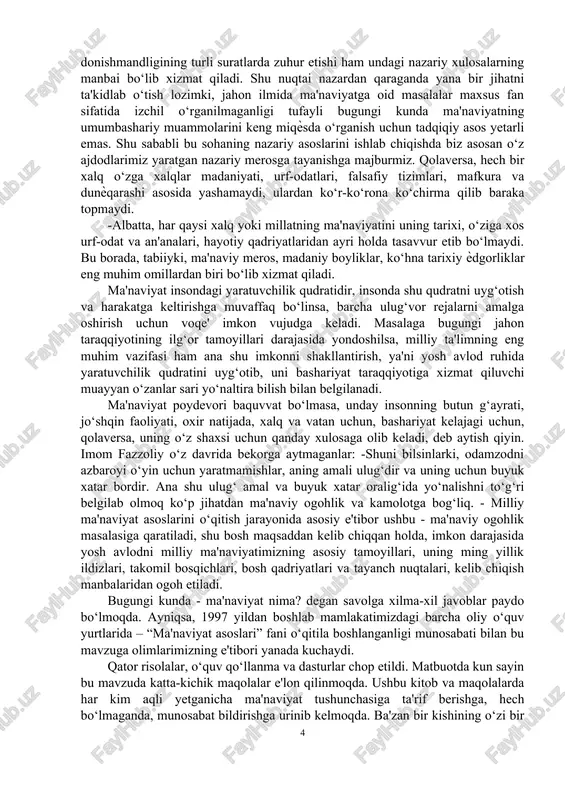 f, adolat, halollik, rostgo‘ylik, poklik va albatta odob va ahloq kabi fazilatlarga ega bo‘lishi lozim. ma'naviy tarbiyani, eng avvalo oilada so‘ng maktabda va jamoa orasida amalga oshirish darkor. ma'naviy barkamollik uchun kurashish eng dolzarb vazifalardan biriga aylanmog‘i lozim. har bir mustaqil millat o‘z haѐt tarzini, kelajagini ajdodlarning tarixiy tajribasi va jahondagi ilg‘or tamoyillar uyg‘unligi asosiga qursa, yanglishmaydi. bunday mustaqil rivojlanish yo‘li istiqlolning dastlabki yillaridan e'tiboran izchil amalga oshirib kelinmoqda. 1999 yil 14 aprel kuni ochilgan birinchi chaqiriq o‘zbekiston respublikasi oliy majlisining xiv sessiyasida "o‘zbekiston xxi asrga intilmoqda" deb nomlangan ma'ruzada islom karimov mamlakatimizni yangi asr arafasi va uning dastlabki yillaridagi rivojlanish strategiyasini belgilab berar ekan, "jamiyat ma'naviyatini yanada yuksaltirish" ni ustuvor yo‘nalishlardan ekanligini alohida ta'kidlab, ma'naviyatga mukammal ta'rif berish bilan birga bu sohada bugungi kunda oldimizda turgan eng muhim masalani ham aniq ko‘rsatib o‘tgan edi. erkin fuqaro ma'naviyatini, ozod shaxsni shakllantirish masalasi oldimizda turgan eng dolzarb vazifadir. boshqacha aytganda, biz …