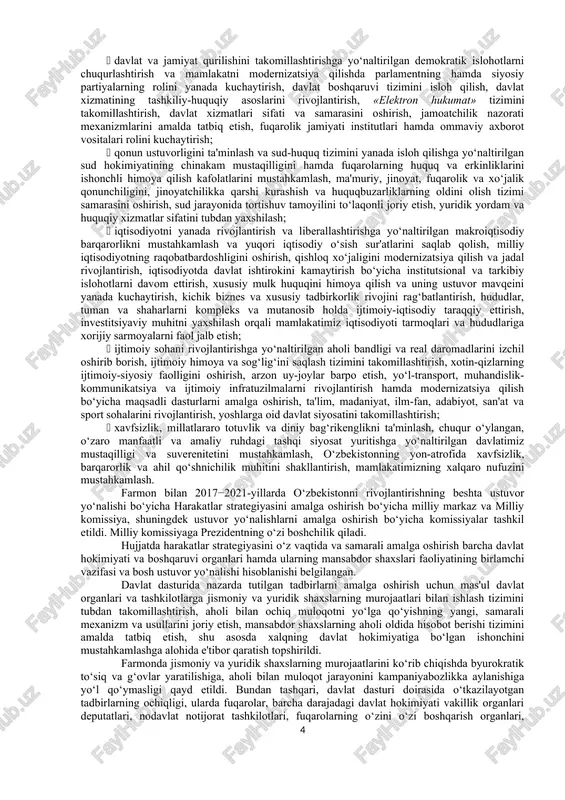 tizimini, shu jumladan davlat-xususiy sherikligi asosida tadbirkorlik sub'ektlari ishtirokini kengaytirish orqali takomillashtirish. 2. 2021 yilgacha axborot-kommunikatsiya texnologiyalari sohasidagi xizmatlar eksporti ulushini ular umumiy hajmining 4 foiziga yetkazish. 3. barcha operatorlar uchun xalqaro telekommunikatsiyalar tarmoqlariga to‘g‘ridan-to‘g‘ri ulanishni erkinlashtirish. 4. aholini axborot-kommunikatsiyalar texnologiyalaridan foydalanishga rag‘batlantirish. 5. startap loyihalar uchun texnopark tashkil etish orqali mamlakatimizda dasturiy mahsulotlar ishlab chiqish tarmog‘ini rivojlantirish. iv. ta'lim tizimini takomillashtirish va inson kapitalini rivojlantirish 1. o‘quv-tarbiya jarayoniga yangi ta'lim dasturlarini, zamonaviy pedagogik texnologiyalar va smart-texnologiyalarni joriy etish orqali ta'lim muassasalarida o‘qitish sifatini yanada yaxshilash (elektron modullar tashkil etish va masofaviy o‘qitishni joriy etish). 2. nogiron bolalar ta'lim va tarbiyadan teng sharoitda bahramand bo‘lishi uchun sharoitlar yaratish maqsadida inklyuziv ta'limni rivojlantirish, shu jumladan: ta'lim muassasalarida ko‘tarish qurilmalari, panduslar, sanitar xonalarda maxsus moslamalar o‘rnatish, tutqichlar, maxsus partalar, stollar va boshqa maxsus kompensator vositalari bilan jihozlash orqali «to‘siqsiz muhit» yaratish; imkoniyati cheklangan bolalarni integratsiyalashgan holda o‘qitish dasturlarini yaratish; ta'lim muassasalarini tegishli …