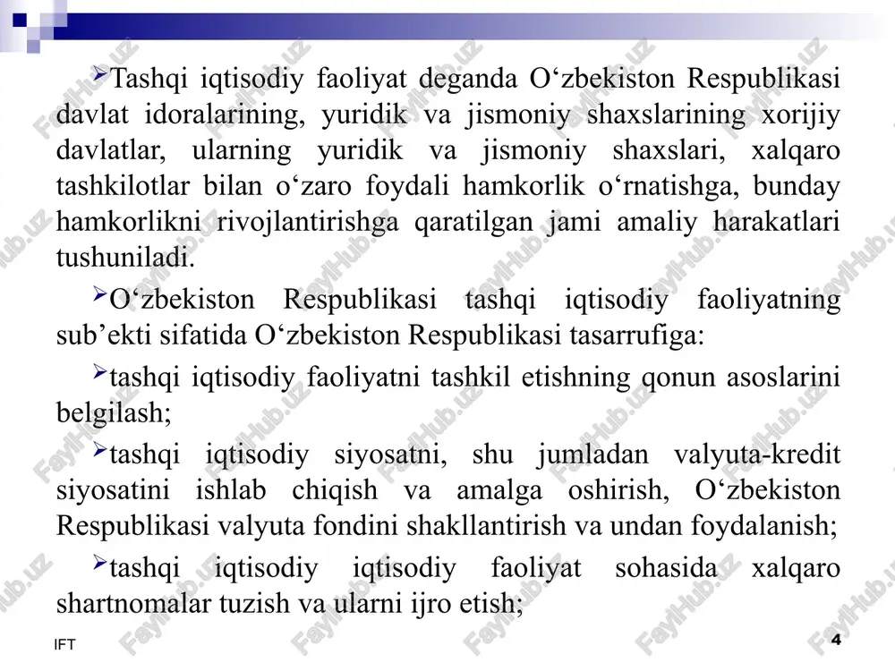 boshqa mol-mulklarni hujjatlashtirish; mahsulotni (ishlarni, xizmatlarni) eksport va import qilish tartibini belgilash; valyuta va boshqa fondlar mablag‘larini vujudga keltirish va ulardan foydalanish. keyingi yillarda o‘zbekistonning xalqaro hamjamiyatda hamda iqtisodiy maydondagi nufuzi va mavqei oshib bormoqda. bunda davlatimiz hukumati tomonidan mamlakatni ijtimoiy-iqtisodiy rivojlanish strategiyasining puxta ishlab chiqilganligi, iqtisodiy islohotlar maqsadi va vazifalari, ularni amalga oshirish yo‘llarining aniq va to‘g‘ri ko‘rsatib berilganligi bu yo‘ldagi yutuq hamda marralarning salmoqli bo‘lishiga imkoniyat yaratmoqda. ma’lumki, tashqi iqtisodiy faoliyat milliy iqtisodiyot rivojlanishining muhim vositasi bo‘lib hisoblanadi. u mamlakatning jahon hamjamiyatiga bo‘lgan aloqasini ifodalab, uning istiqbolini belgilab beradi. eksport salohiyatini oshirish orqali mamlakat ichida ixtisoslashtirilgan ishlab chiqarishning rivojlanishiga erishiladi. mamlakat eksporti hamda importining qiymati o‘rtasidagi farq, ya’ni saldo tashqi iqtisodiy faoliyat samaradorligining muhim iqtisodiy ko‘rsatkichi bo‘lib hisoblanadi. ushbu ko‘rsatkich milliy daromad darajasiga ko‘p tomonlama ta’sir etadi. 10 ift 11 ift tashqi iqtisodiy faoliyatni takomillashtirish va rivojlantirishda qo‘yidagilarni ustuvor yo‘nalishlar sifatida keltirish mumkin: respublikaning eksport qudratini rivojlantirish va …