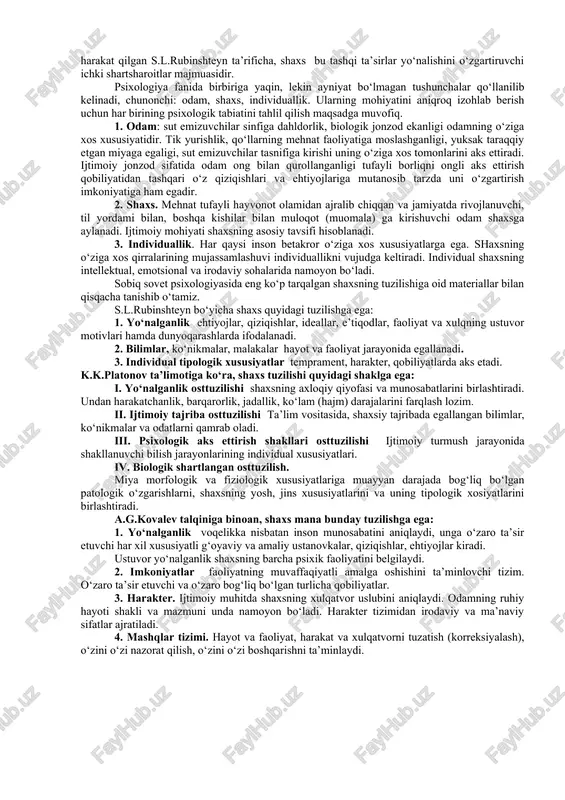 r ko'rsatishigacha o'rganadigan fandir. shaxsni o‘rganishning ijtimoiy psixologiya uchun o‘ziga xosligi.muloqot jarayonining ham, guruhiy jarayonlarning hamda egasi—sub’ekti hamda ob’ekti aslida alohida shaxs, konkret odamdir. shuning uchun ham ijtimoiy psixologiya alohida shaxs muammosini ham o‘rganadiki, uni o‘sha turli ijtimoiy jarayonlarning ishtirokchisi va faol amalga oshiruvchisi degan nuqtai nazardan tekshiradi. ma’lumki, shaxs muammosi umumiy psixologiyada ham, yosh psixologiyasi va pedagogik psixologiyada ham, differensial, huquqiy psixologiya va psixologiyaning qator maxsus bo‘limlarida ham o‘rganiladi. har bir bo‘lim yoki tarmoq uni o‘z mavzui va vazifalari nuqtai nazaridan shaxsga taalluqli bo‘lgan muammolarni yoritadi. masalan, umumiy psixologiya shaxsni psixologik faoliyatning mahsuli, alohida psixik jarayonlarning egasi deb hisoblasa, sotsiologiya uni ijtimoiy munosabatlarning ob’ekti deb qaraydi. shaxs muammosiga ijtimoiy-psixologik yondashishning o‘ziga xosligi shundaki, u turli guruhlar bilan bo‘ladigan turli shakldagi o‘zaro munosabatlarning oqibati sifatida qaraladi. ya’ni, ijtimoiy psixologiya avvalo biror guruhning a’zosi hisoblangan shaxs xulq-atvori qanday qonuniyatlarga bo‘ysunishini, shaxsning muloqotlar sistemasida olgan ta’sirlari uning ongida qanday aks topishini o‘rganadi. …