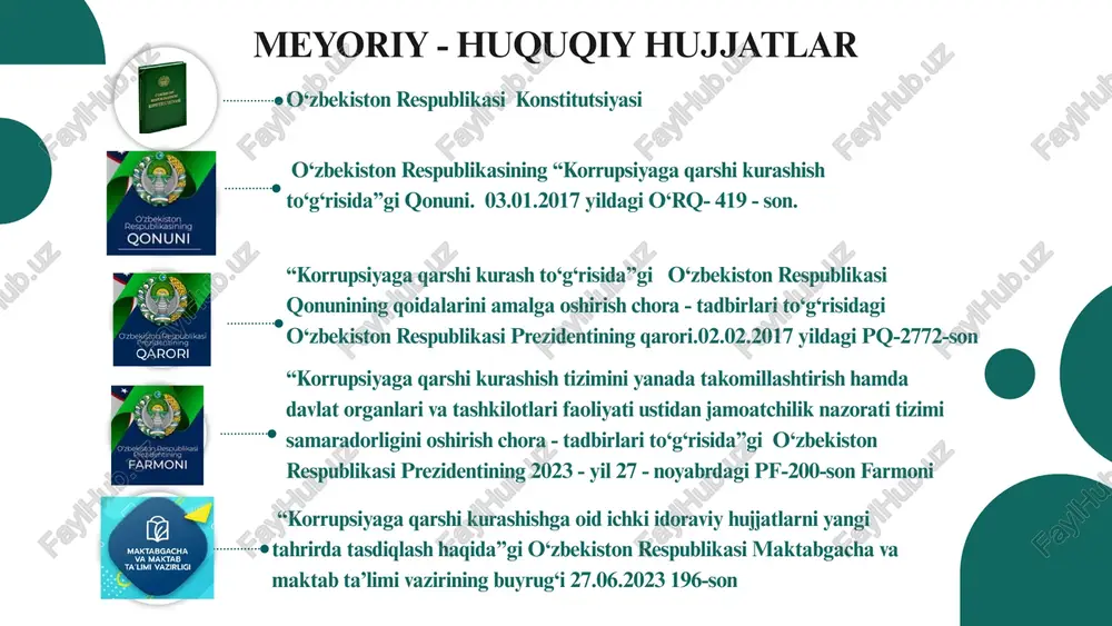 aqidagi ilk dunyoqarashni shakllantirish maktab boshqaruvini siyosiy bosimlardan holi qilish, oshkoralik va shaffoflikni ta’minlash, manfaatlar to‘qnashuvlarini oldini olish maqsadida tizimli ishlarni yo‘lga qo‘yish xodimlar va ta’lim oluvchilarning huquqiy savodxonligini yuksaltirish uchun maxsus o‘quv dasturini ishlab chiqish hamda maktab o‘quv dasturlarida korrupsiyaga qarshi mavzularni dts ga kiritish ota-onalar va jamoatchilik tomonidan tizimdagi korrupsion holatlarning oldini olish bo‘yicha samarali hamkorlikni yo‘lga qo‘yish t/r muammo muammoning yechimini amalga oshirish mexanizmi mas’ullar muddati natija 1 maktabda korrupsion omillarning oldini olish korrupsiyaning oldini olish va kurashish bo‘yicha maktabning dastur va ish rejasini ishlab chiqish maktab direktori, ishchi guruh vakillari avgust oyida barcha va loyihalar tizimli dastur va reja asosida amalga oshiriladi 2 o‘qituvchi va xodimlarning huquqiy bilimlari yetarli emasligi hududiy adliya bo‘limi bilan hamkorlikda o‘qish, seminar, treninglar tashkil qilish maktab direktori, kadrlar bo‘yicha menejer har oyda ikki marta, haftaning juma kunlari xodimlarning huquqiy savodxonligini oshiradi, huquqiy madaniyatini yuksaltiradi 3 xo‘jasizlik va ortiqcha sarf-xarajatlarga yo‘l qo‘yilishi …