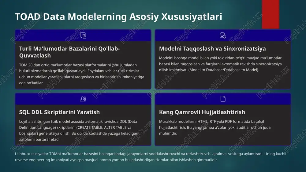 rini loyihalash. bu funksiya ayniqsa juda katta hajmdagi ma'lumotlar (vldb) bilan ishlaydigan tizimlar uchun zarurdir. standartlarga riaya qilish nomlash konvensiyalari va ma'lumotlar turlari standartlarini avtomatik tekshirish. loyihalash standartlariga rioya qilish kelajakdagi texnik xizmat ko'rsatish va integratsiyani soddalashtiradi hamda samaradorlikni oshiradi. model samaradorligini doimiy baholash orqali, tdm ishlab chiquvchilarga loyihaning dastlabki bosqichlarida potentsial "bottleneck"larni aniqlash imkonini beradi. bu esa keyinchalik tizimning ishga tushirilgandan so'ng qayta ishlash zaruratini kamaytiradi. 6 sql kodini avtomatlashtirish va optimallashtirish toad data modelerning muhim afzalliklaridan biri uning kod generatsiyasi va boshqaruviga bo'lgan e'tiboridir. ddl generatsiyasi model asosida to'liq, aniq va xatolarsiz ddl (data definition language) skriptlarini yaratish. bu turli ma'lumotlar bazasi versiyalari uchun moslashtirilgan kodni generatsiya qilish qobiliyatini o'z ichiga oladi. migratsiya skriptlari ikkita model yoki bazaning holatlari o'rtasidagi farqlarni avtomatik aniqlash va faqat zarur o'zgarishlarni o'z ichiga olgan alter skriptlarini yaratish. bu ma'lumotlar bazasining jonli muhitdagi yangilanish jarayonini xavfsiz va boshqariladigan qiladi. saqlangan protseduralar va trigerlar …