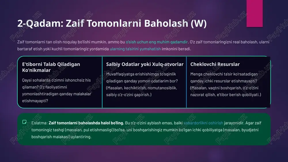 tomonlaringizdan tashqi tahdidlar ta'sirini kamaytirish uchun qanday foydalanasiz? (masalan, texnologik o'zgarish tahdidiga qarshi turish uchun tez o'rganish qobiliyatidan foydalanish.) wo strategiyalari (zaif tomonlar + imkoniyatlar) zaif tomonlaringizni bartaraf etish yoki kamaytirish uchun mavjud imkoniyatlardan qanday foydalanasiz? (masalan, vaqtni boshqarish bo'yicha zaiflikni bartaraf etish uchun yangi kursga yozilish.) wt strategiyalari (zaif tomonlar + tahdidlar) zaif tomonlaringiz va tashqi tahdidlarning eng yomon ta'siridan qanday qochasiz? bu strategiyalar himoya qilishga qaratilgan. (masalan, zaif byudjetni boshqarish va iqtisodiy pasayish tahdidi ostida keraksiz xarajatlarni qat'iy kamaytirish.) 7 kuchli tomonlarni rivojlantirish: ustunlikni maksimal oshirish ko'pchilik odamlar zaif tomonlariga e'tibor berishadi, ammo samimiy rivojlanish ko'pincha mavjud kuchli tomonlaringizni yanada keskinlashtirishdan boshlanadi. bu sizning harakatlaringizga eng ko'p daromad keltiradigan joydir. chuqurlashtirish sizning eng yaxshi ko'nikmangizni sohangizdagi olti darajasiga ko'tarish uchun nima qilish kerak? qo'shimcha ta'lim, amaliyot yoki mutaxassislar bilan ishlash kerakmi? birlashtirish ikki yoki undan ortiq kuchli tomonlaringizni noyob kombinatsiyada birlashtirish orqali mutlaqo yangi ustunlik yaratish mumkinmi? (masalan, …