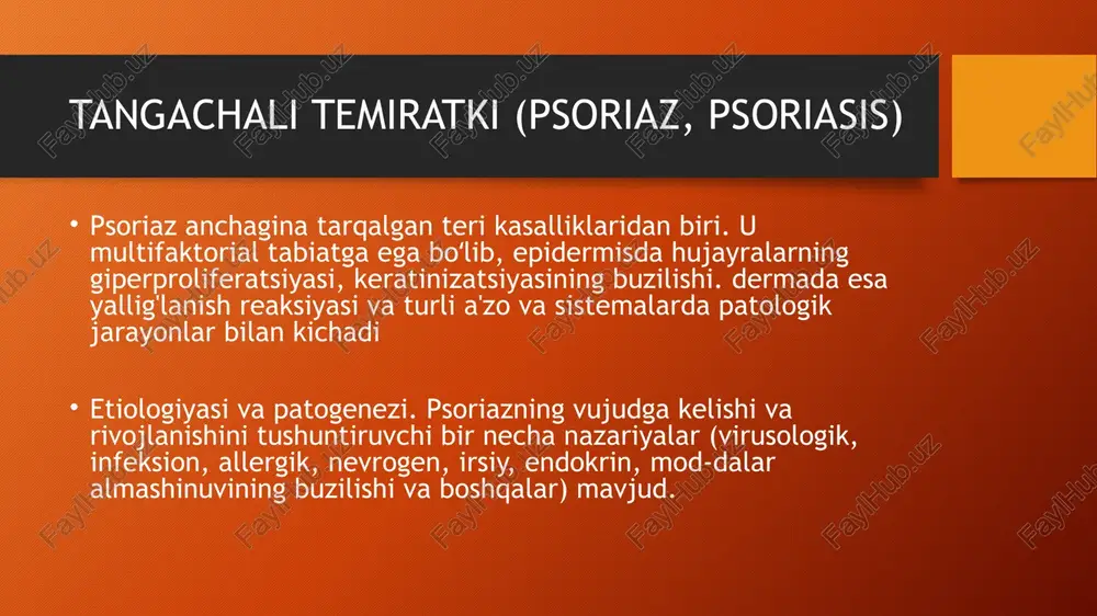 ydi, keyinchalik ko'kimtir-qizilnamo tusga kiradi, ustidagi qipiqlanish esa unchalik avj olmaydi. ko'pincha tugunlarning markazi ichkariga botiqlashgan ko'rinishni oladi. atrofiyalanadi. ular ko'proq bosh, yelka va qo'llarda uchraydi. ayrim hollarda tugunlar yaralanib ketishi mumkin. qizil yugurukka chalingan bemorlarga asa-biylashish, psixoemotsional zo'riqishlardan saqlanishi, quyosh va ultrabinafsha nurlaridan o'zlarini ehtiyot qilish, yondosh infeksion kasalliklardan saqlanish va ularni faol davolash tavsiya etiladi. bemorlarni davolashda asosan aminoxinolli preparatlar (xingamin, rezoxin, xloroxin. delagil, plakvenil) tavsiya qilinadi. bemorlarga turli vitaminlarni berish maqsadga muvofiqdir. ayniqsa, oftob nuridan saqlashda riboflavin keng ishlatiladi. uni 5-10 mg.dan 1-1,5 oy davomida 3 mahal ichish buyuriladi. keyinchalik dori dozasini ushlab turish uchun tarkibida riboflavin saqlovchi polivitaminlar tavsiya qilinadi. mahalliy davo sifatida kortikosteroid malhamlardan <<<momat», «metilprednizolon» foydalanilgan adabiyotlar 1.arifov s.s., eshbaev e.x. teri-tanosil kasalliklar. t.,1997 2. valsov a.sh. teri-tanosil kasalliklari, t., 2004 3. vladimirov v.v., zudin v.1. ba'zi venerik kasalliklar. atlas. uchebnoe posobie dlya studentov med. vuzov. xulosa teri kasalliklarining asosan multifactorial kassalik bo’lib kam …
