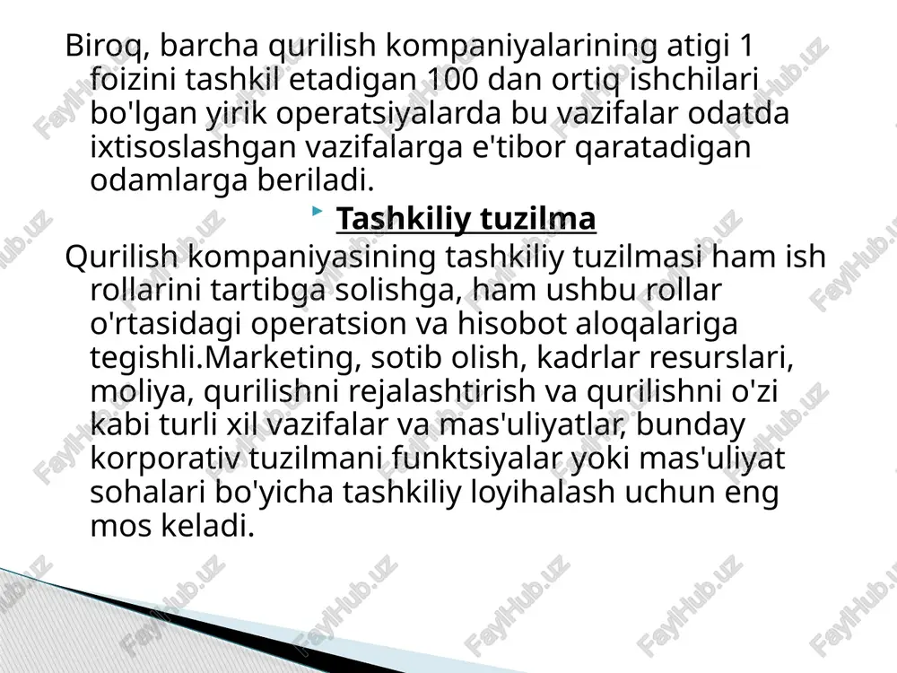 shug'ullanadi. dizaynerlar jamoasi mijoz bergan ma'lumotlarga ko'ra, kelajakdagi loyihalarni yaratadigan dizaynerlardan iborat. - kadrlar bo'yicha direktor u xodimlarni jalb qilish va o'qitish, ish yuritish, kompensatsiya va imtiyozlar, sug'urta va kasaba uyushma munosabatlari uchun mas'uldir. - moliyaviy direktor u kompaniyaning pul oqimini boshqarish va har bir qurilish loyihasi uchun kunlik to'lovlarni qondirish uchun etarli mablag 'mavjudligini ta'minlash va operatsiyalarni soddalashtirishga yordam beradi. -marketing direktori u bozor tadqiqotlari, marketing strategiyasi, sotish, reklama, reklama, reklama narxlari, mahsulot ishlab chiqarish, shuningdek jamoatchilik bilan aloqalar faoliyati uchun javobgardir. e’tiboringiz uchun raxmat image1.jpeg image2.jpeg /docprops/thumbnail.jpeg