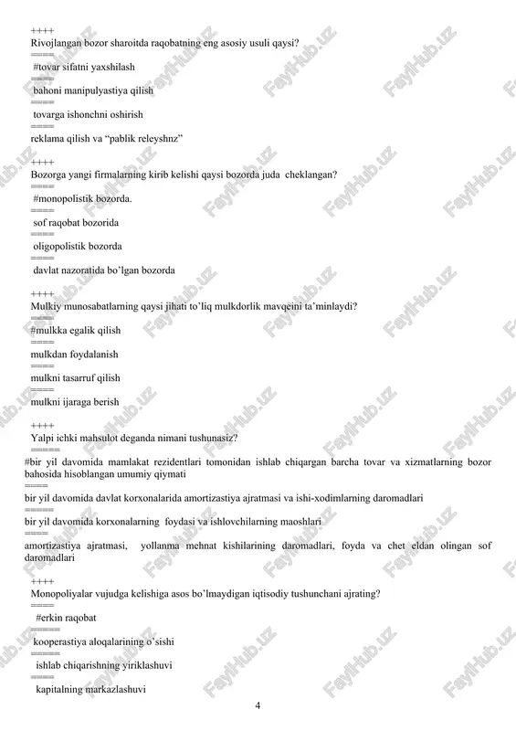 oshqa bandlardagi barcha javob ham to’g’ri ++++ inflyastiyaga xos bo’lmagan noto’g’ri ta’rifni ajrating? ==== #pulning kamayib ketishi ==== pul muomalasi tizimi yomonroq ishlay boshlaydi ==== pulning qadrsizlanishi ==== umumiy baho darajasining oshishi ==== ortiqcha pullarning muomala kanallarini to’ldirishi ++++ rentabellik nima? ==== #foydaning tannarxga yoki asosiy ishlab chiqarish fondlari va aylanma vositalar qiymatiga nisbati ==== rentani ko’rilgan zarar bilan solishtirilishi ==== sotishdan kelgan pul tushumining asosiy fondlar va aylanma vositalar qiymatiga nisbati ==== yalpi daromadning tannarxga nisbati ++++ hozirgi zamon rivojlangan mamlakatlardagi jamiyatni quyidagilardan qay biri bilan atasak to’g’ri bo’ladi? ==== #poliiqtisodiyot yoki aralash iqtisodiyotli jamiyat ==== xususiy mulk bilan davlat mulkini sintez qilgan jamiyat ==== davlatlashtirilgan kapitalistik jamiyat ==== xususiy mulkchilikka asoslangan monostrukturali jamiyat ++++ monopolistik raqobatning xarakterli xususiyatlarini to’g’ri ko’rsating? ==== #firmalar soni bir necha, mahsulot turi ixtisoslashgan, narx ustidan nazorat sezilarli, tarmoqqa kirishga sezilarli to’siqlar mavjud ==== firmalar soni 1-3tadan oshmaydi, narx esa erkin qo’yiladi ==== firmalar …