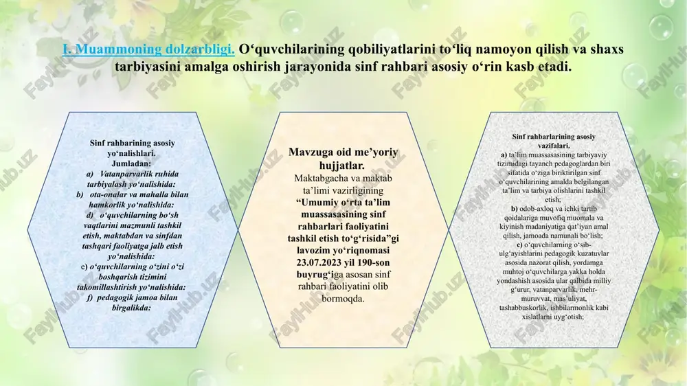 laning madaniy darajasi, oila a'zolarining ma'lumoti, oilaviy kutubxona bor yo‘qligi, qanday matbuotga yozilishi. an'analari va oilaviy bayramlar. 3. oilaning tarbiyaviy imkoniyatlari, ota-onaning bolaga va bolaning ota-onaga munosabati, ularning insoniy yetukligi va qiyofasi bolalarning o‘z ota-onalarining kasbi haqidagi tushunchalari, oilada salbiy ta'sirning bor yo‘qligi. 4. bolaga oiladan tashqarida ko‘rsatilayotgan, ta'sirlar va ota-onalarning ularda munosabati, o‘rtoqlari, hovli, ko‘cha, qo‘shnilar, ota-onaning tanishlari, qarindoshlar va boshqalar. vazifa: sinf rahbarlik faoliyati xorijiy davlatlarda qanday tashkil qilinadi angliya: angliyada sinf raxbarlari maxsus tayyorgarlikdan o‘tish va ularning kasbiy mahoratini tasdiqlovchi sertifikatlar olish imkoniyatiga ega. bundan tashqari, ular har bir o‘quvchiga individual yondashuvni faol qo‘llaydi, ularning shaxsiy xususiyatlari va ehtiyojlariga e'tibor beradi. finlyandiya: finlyandiya sinf raxbarlari oʻquvchilarda oʻz-oʻzini anglash va masʼuliyatni rivojlantirishga eʼtibor qaratadi. ular mustaqil o‘rganishni, jumladan, guruhda ishlashni va muammolarni mustaqil hal qilishni rag‘batlantiradilar. shuningdek, ular barcha manfaatdor tomonlarning muvaffaqiyatli ishtirokini ta'minlash uchun ota-onalar va keng jamoatchilik bilan faol hamkorlik qiladilar yaponiya: yaponiya sinf raxbarlari “xizmat …