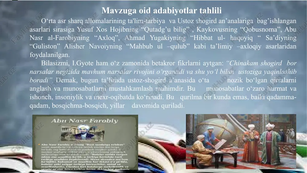 ik; - ta’lim-tarbiyaning turmush, hayot bilan chambarchas bog‘liqligini inobatga olish; - mustaqillikka, ijodiy izlanishga yo‘naltirib borishda nazariy bilimlarning amaliyot bilan bog‘liqligini hisobga olish; - uqitish, tarbiyalash mazmuni va shogirdlik bosqichlarining izchillik bilan belgilab qo‘yilgan anik mantiqiy tartibga ega bo‘lishi; - shogirdning yosh va o‘ziga xos xususiyatlarini hisobga olish. vazifa muommo yuzasidan xorijiy tajribalari o‘rganilganligi yaponiyada ustozlarga nafaqat maktabda, balki hamma joyda birdek ta’zim-hurmat bajo keltiriladi hamda har bir yaponiyalik bolakay o‘qituvchi bo‘lishni orzu qiladi. yapon ta’lim-tarbiya tizimida an’anaviy asoslarning zamonamizning ilg‘or texnologiyalari bilan uyg‘unlashib ketganligini qayd etish mumkin bo‘ladiki, bu ayniqsa informatsion - kommunikatsiya texnik vositalarining nafaqat keng qo‘llanilishi, balki ularning yangidan-yangi turlari yaratilishida yaqqol ko‘zga tashlanadi.juda yuqori moddiy-texnika bazasiga ega yapon ta’lim-tarbiya tizimida o‘quvchi va o‘qituvchi munosabatining «ustoz-shogird» usulidan «teng hamkorlik» usuliga o‘tib borayotganligi kuzatiladi va bu o‘quvchi ta’lim tizimining bevosita ijod bilan mashg‘ul faol obyektiga aylanishiga olib keladi. koreya ta’lim tizimida ustoz shogird an’analari 4 xil ko‘rinishda bo‘ladi: …