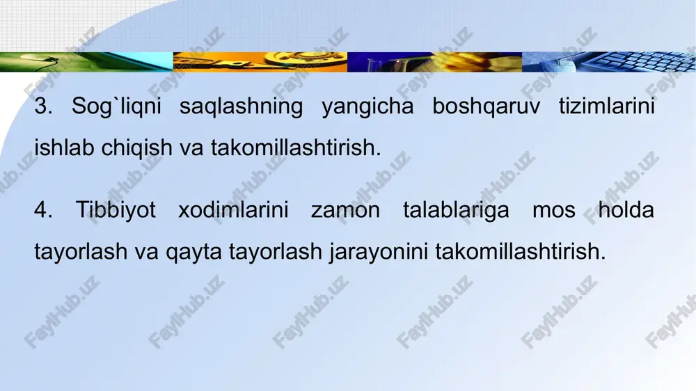 ing hayot faoliyati, o`zini his qilishi uchun qulay bo`lsa bu - salomatlik, u chegaralangan, siqilgan, buzilgan taqdirda esa kasallik paydo bo`ladi va xastalikka olib keladi. jahon sog`liqni saqlash tashkilotining (jsst) ta’rificha: salomatlik – bu nafaqat kasallik va jismoniy kamchiliklarning bo`lmasligi, balki sog`lom jismoniy, ruhiy va ijtimoiy holatga ega bo`lishlikdir. ushbu ta’rif jsstning 1948-yilda qabul qilgan nizomida keltirilgan. tibbiy-ijtimoiy tadqiqotlarda aholi salomatligiga baho berishda uning 4 ta darajasini qayd etish maqsadga muvofiq bo`ladi: 1. alohida shaxs salomatligi - individual salomatlik. 2. ijtimoiy va etnik guruh salomatligi - guruh salomatligi. 3. ma’muriy mintaqa aholisi salomatligi - mintaqaviy yoki hududiy salomatlik. 4. jamoat, populatsiya salomatligi - jamoat salomatligi. mamlakatimizda tibbiy ijtimoiy tadqiqotlarda guruh, mintaqah, jamoat salomatligiga baho berishda quyidagi ko`rsatkichlardan foydalanish tavsiya etiladi: demografik ko‘rsatkichlar. kasallanish. nogironlik. jismoniy rivojlanganlik. jsst hujjatlarida odamlar salomatligi bu - ijtimoiy sifat ekanligi bir necha bor ta’kidlanib, uni baholashda quyidagi ko`rsatkichlardan foydalanish tavsiya etiladi: yalpi ichki mahsulotlardan sog`liqni …