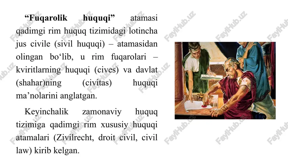 igan harakatlarga chek qo‘yish, yetkazilgan zararni undirib olishda namoyon bo‘lishida. fuqarolik huquqi tomonidan tartibga solinadigan mulkiy munosabatlar doirasi quyida keltirilgan: oldi-sotdi har hil buyurtmalar qabul qilish turar joylarni ijara olish va berish mahsulot yetkazib berish qulirish ishlarini amalga oshirish yetkazilgan zararni o‘rnini qoplash fuqarolik huquqi tomonidan tartibga solinadigan mulkiy munosabatlar doirasi quyida keltirilgan: yuk va yo‘lovchi tashish qonun va vasiyat bo‘yicha meros olish har qanday shaklagi mulkni egallash fuqarolik huquqi tomonidan tartibga solinadigan mulkiy xarakterda bo‘lmagan shaxsiy huquqiy munosabatlar: mulkiy munosabatlar bilan bog‘liq bo‘lgan shaxsiy munosabatlar mulkiy munosabatlar bilan bog‘liq bo‘lmagan shaxsiy munosabatlar fuqarolik huquqining asosiy tamoyillari ishtirokchilarining tengligi mulkning daxlsizligi shartnomaning erkinligi xususiy ishlarga biron-bir kishining o‘zboshimchalik bilan aralashishiga yo‘l qo‘yilmasli fuqarolik huquqlari to‘sqinliksiz amalga oshirilishi buzilgan huquqlar tiklanishi sud orqali himoya qilinishini ta’minlash zarurligi e’tiboringiz uchun rahmat ! o’qituvchi: yangiboyev norquvvat +998 90 520 05 04 @yurist0504 image2.png image3.png image4.png image5.png image6.png image7.jpeg image8.png image9.png image10.png image11.jpeg image12.png …