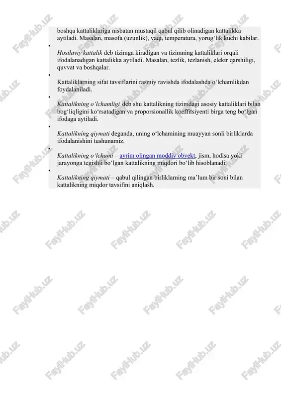 atilishi hamda ilgaridan qo‘llanib kelinayotgan kam quvvatli, inertli asboblar sekin-asta juda tezkor, yuqori metrologik ko‘rsatkichlarga ega bo‘lgan asboblar bilan almashtirilmoqdaki, bu o‘lchash amalini bajarilayotgan shaxslarning faoliyatini va tabiiyki, ularga qo‘yiladigan talablarni ham o‘zgartirmoqda. · o‘lchash jarayonlarining avtomatlashtirilishi, kompyuterlashtirilishi va zamonaviy texnologiyalarning ishlatilishiga faqat dasturlashtirilgan tizimga tayangan holda erishish mumkin. · fizik kattalik – sifat tomonidan ko‘pgina fizik obyektlarga (fizik tizimlarga, ularning holatlariga va ularda o‘tayotgan jarayonlarga) nisbatan umumiy bo‘lib, miqdor tomonidan har bir obyekt uchun xususiy bo‘lgan xossadir. bu yerda xususiylik deganda, biror obyektning xossasi ikkinchisinikiga nisbatan ma’lum darajada kattaroq yoki kichikroq bo‘lishi tushuniladi. · sifat tavsifi – olingan kattalikning mohiyatini, mazmunini ifodalaydigan tavsif. masalan, gap masofa borasida ketganda muayyan olingan obyektning o‘lchamlarini, uzun-qisqaligini yoki baland-pastligini bildiruvchi xususiyatini tushunamiz yoki og‘irlik deganda qandaydir mavhum, og‘ir yoki yengil obyektni, aksariyat tarozi toshlarini ko‘z oldimizga keltiramiz. temperatura to‘g‘risida gap borganda esa, issiq-sovuqlikni tushuniladi. mana shular kattalikning sifat tavsifi hisoblanadi. · endi olingan …