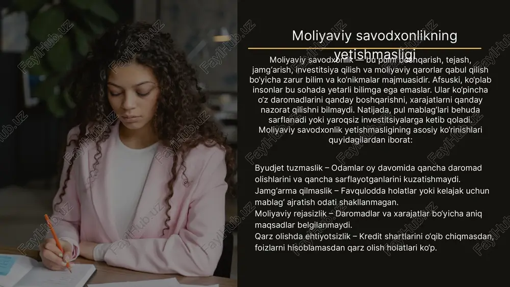 atta bo‘lishi mumkin. ishdan bo‘shash yoki daromaddan ayrilish esa odamni muntazam daromaddan mahrum qiladi. bunda, har oygi xarajatlarni qoplash qiyinlashadi va inson moliyaviy inqirozga duch keladi. ba’zilar bu holatni vaqtincha deb hisoblab, qarz olish yoki kreditga bog‘lanib qolishadi, bu esa vaziyatni yanada og‘irlashtiradi. bunday holatlarga tayyor turish uchun quyidagilar tavsiya etiladi: har oy ma’lum miqdorda favqulodda jamg‘arma to‘plash (masalan, kamida 3–6 oyga yetadigan xarajatlar miqdorida). sug‘urtalash imkoniyatlaridan foydalanish. daromad manbalarini diversifikatsiya qilish, ya’ni birdan ortiq manbadan daromad olishga harakat qilish. kutilmagan holatlar oldini olish har doim ham mumkin emas, ammo moliyaviy jihatdan tayyor bo‘lish orqali ularning salbiy oqibatlarini kamaytirish mumkin. xulosa mablag‘larni yo‘qotish ko‘plab odamlar uchun katta muammo hisoblanadi. buning asosiy sabablari — moliyaviy savodxonlikning pastligi, rejasiz va keraksiz xarajatlar, qarz va kreditlardan noto‘g‘ri foydalanish, firibgarlik hamda noto‘g‘ri investitsiyalar, shuningdek, kutilmagan holatlar hisoblanadi. ushbu muammolarni tushunib, ularga qarshi chora ko‘rish har bir insonning moliyaviy barqarorligini saqlashga yordam beradi. moliyaviy bilimlarni …