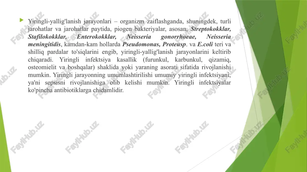 ilan mikrokokklarni identifikatsiyalash 24 soat davomida amalga oshiriladi. • minitek gram positive panel (bd microbiology system) - bu mikrokokklar, stafilokokklar va streptokokklarni identifikatsiyalash uchun ishlatiladigan turli sinov substratlari bilan singdirilgan quruq disklardan iborat tizim. biomerieux vitek-2 - bakteriologik analizator • vitek-2 compact analizatori avtomatik tizimdir • mikroorganizmlar aniqlanmoqda • mikroblarga qarshi preparatlarga sezuvchanlik aniqlanadi (1 kun ichida) • u 64 ta depressiyali plastik kartochkalardan iborat • natijani olish vaqti 6-8 soat biomerieux vi̇tek-2 species identification (id) cards mrsa - metitsillinga chidamli staphylococcus aureus • mrsa metitsillinga chidamli staphylococcus aureus, bir necha antibiotiklarga chidamli bakteriyalar turini anglatadi. • kasalxonalarda mrsa jiddiy muammolarni keltirib chiqarishi mumkin (qon oqimi infektsiyalari (sepsis, bakteremiya), pnevmoniya, jarrohlik infektsiyalari). • s. aureus shtammlarining metitsillinga chidamliligi ulardagi gen mutatsiyalari bilan bog'liq bo'lib, ular beta-laktam antibiotiklari bilan birlasha olmaydigan penitsillinni bog'lovchi oqsillar (pbp) sintezini kodlaydi. shu sababli metitsillinga chidamli s. aureus (mrsa) shtammlari barcha beta-laktam antibiotiklariga chidamli. • bu …