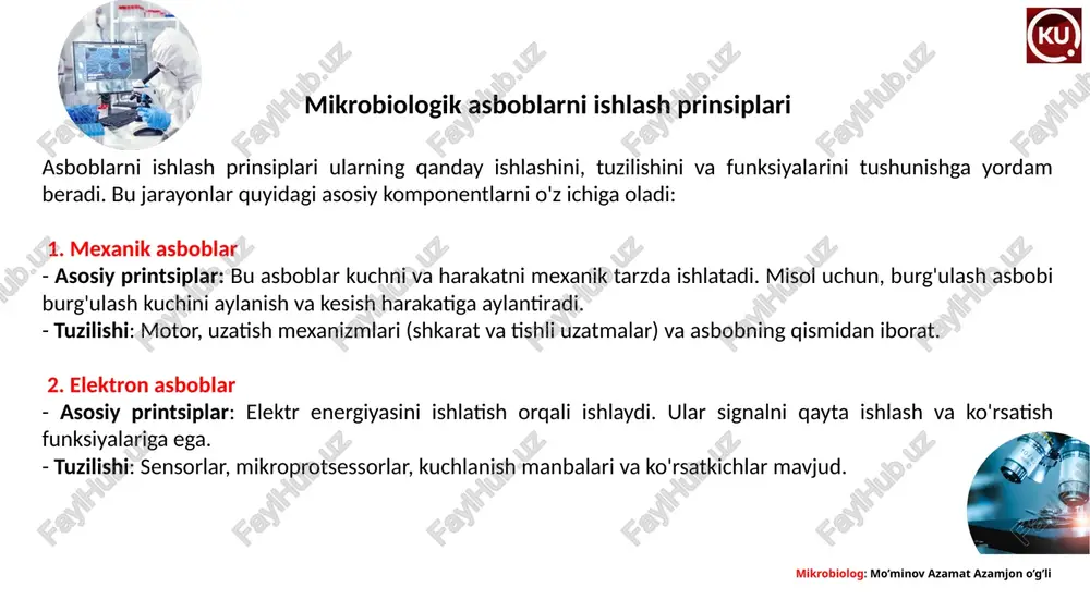 uayyan joylarga qo'llanadi. - qo'llanishi: ochiq yaralar, kesishlar, jarrohlikdan oldin va keyin terini tayyorlashda, shuningdek, kasalxonada infektsiyalarni oldini olishda. aseptika va antiseptikani farqlari - maqsad: aseptika mikroorganizmlarning kirishini oldini olishga qaratilgan, antiseptika esa mavjud mikroorganizmlarni yo'q qilishga mo'ljallangan. - qo'llanilish joyi: aseptika asosan jarrohlik muhitida qo'llaniladi, antiseptika esa to'g'ridan-to'g'ri teriga yoki yaralarga ta'sir etadi. har ikkala jarayon ham infeksiyalarning oldini olishda muhim rol o'ynaydi va sog'liqni saqlash sohasida zarur hisoblanadi. mikrobiolog: mo’minov azamat azamjon o’g’li , studentkuafuz e’tiboringiz uchun rahmat! biz bilan kichik dunyoning qudratli salohiyatini his eting. kokand university andijon filiali . https://t.me/kuaf_mikrobiologlari mikrobiolog: mo’minov azamat azamjon o’g’li image1.png image2.png image3.png image4.png image5.png image6.png image7.png image8.png image9.png image10.png image15.png image11.png image12.png image13.png image14.png /docprops/thumbnail.jpeg